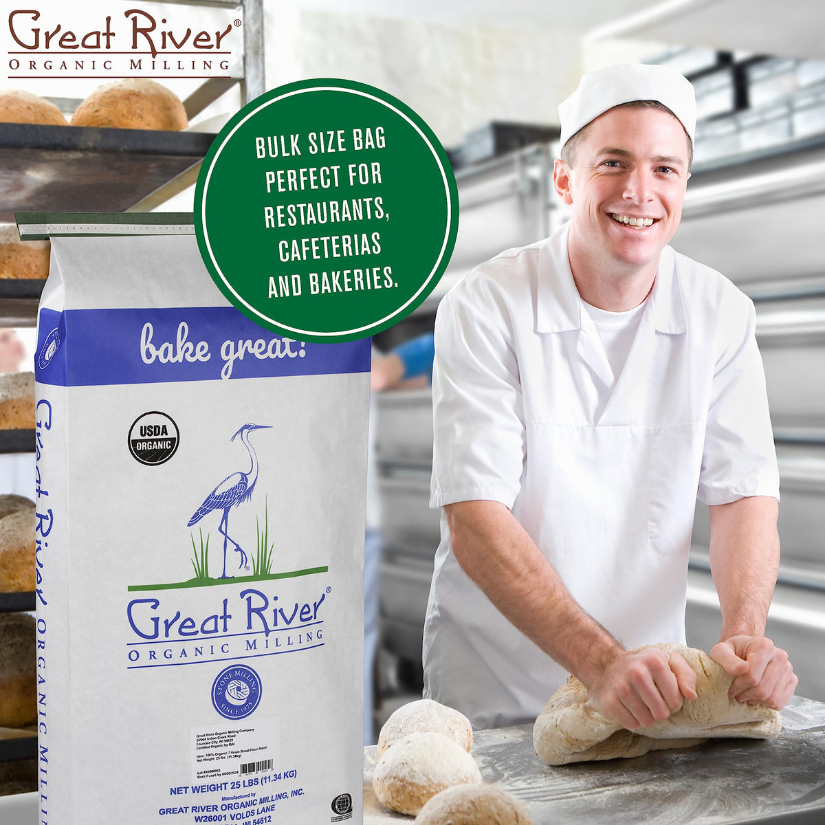 Great River Milling Organic Unbleached Wheat Bread Flour | 25 lb Bulk, Kosher, Non-GMO