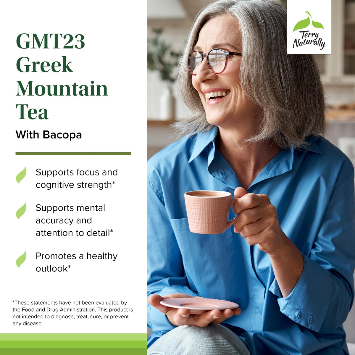 Terry Naturally GMT23 Greek Mountain Tea Plus Bacopa — Focus & Brain Health Supplement, 30 Capsules