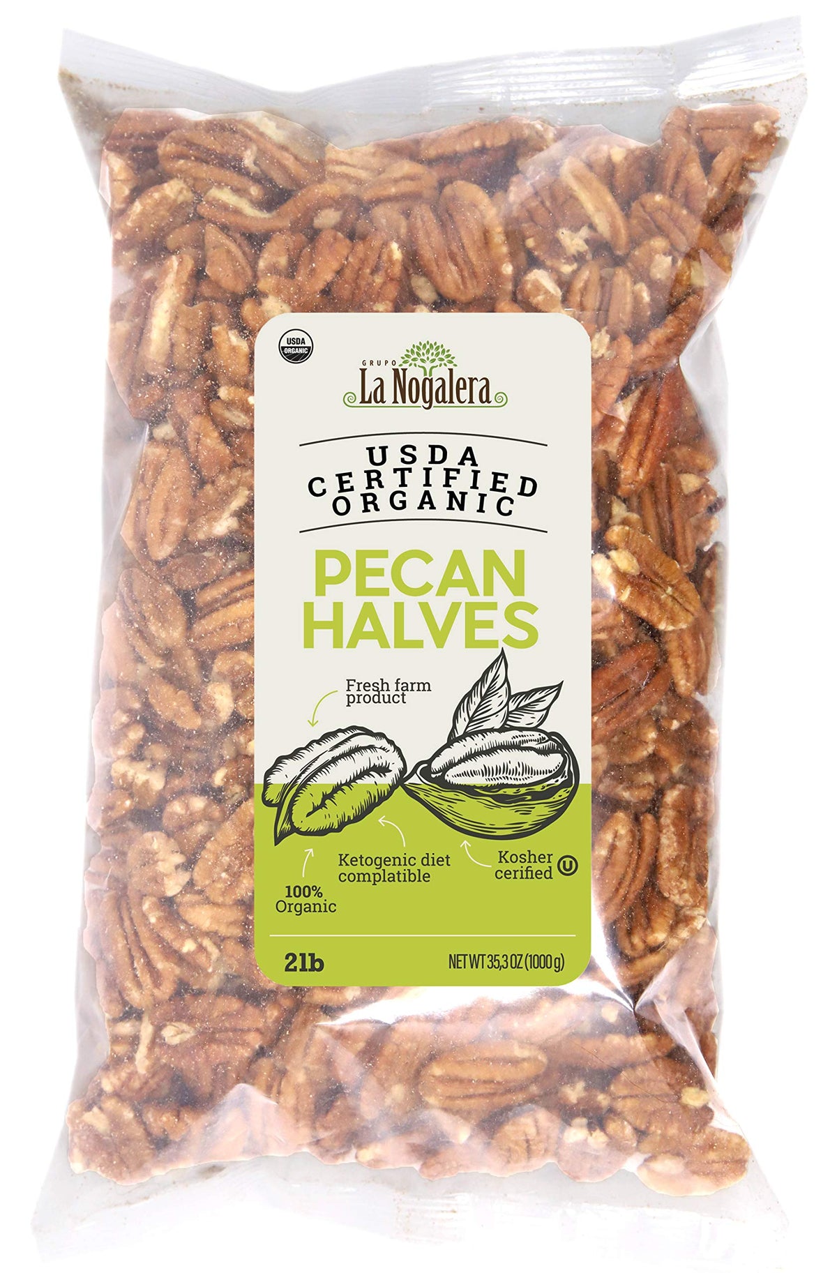 La Nogalera Organic Pecan Halves 2 lb — USDA & CCOF Certified, Non-GMO, Keto Friendly