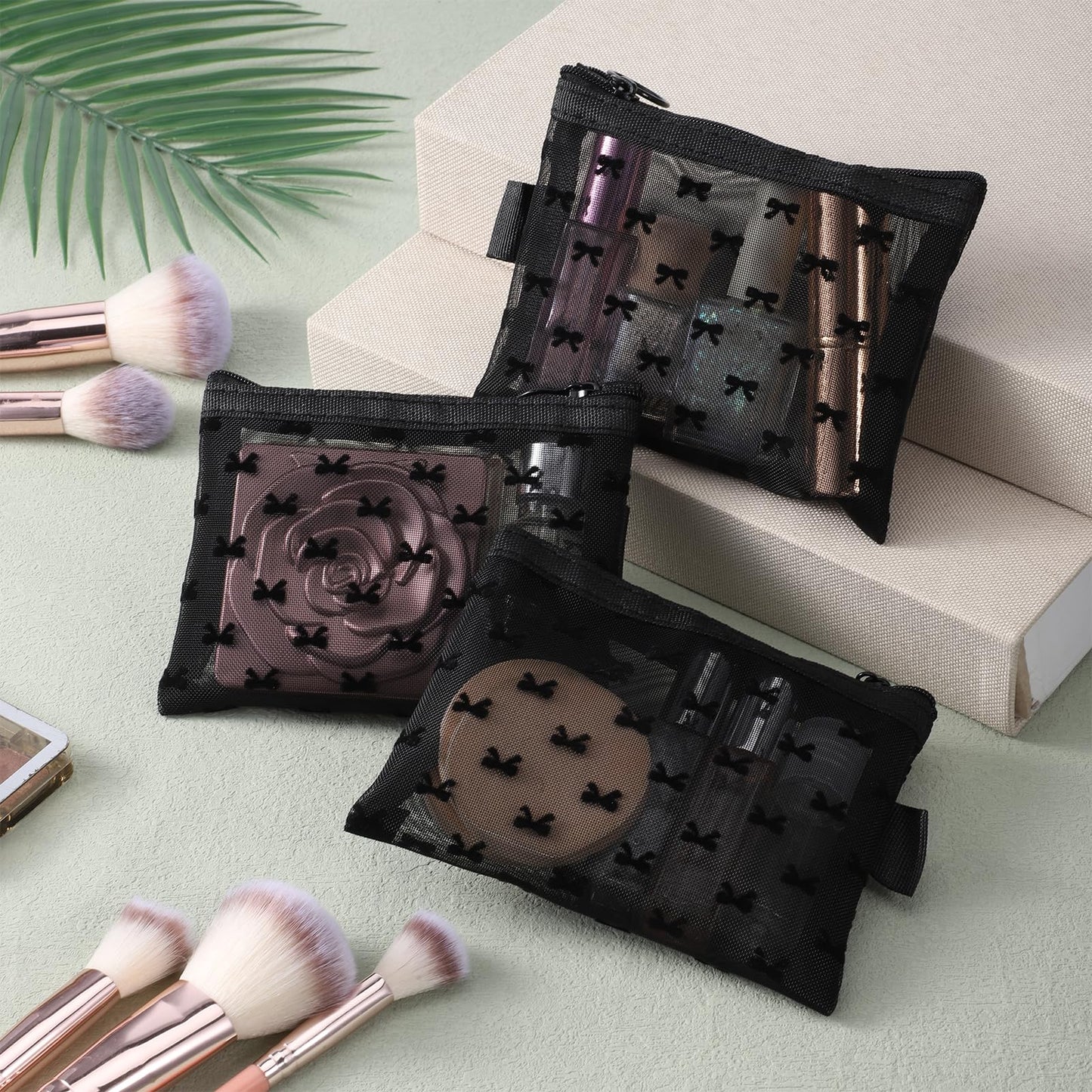 Gtziqa 3 PCS Bow Print Mesh Pouch with Zipper, Mesh Zipper Cosmetic Bags