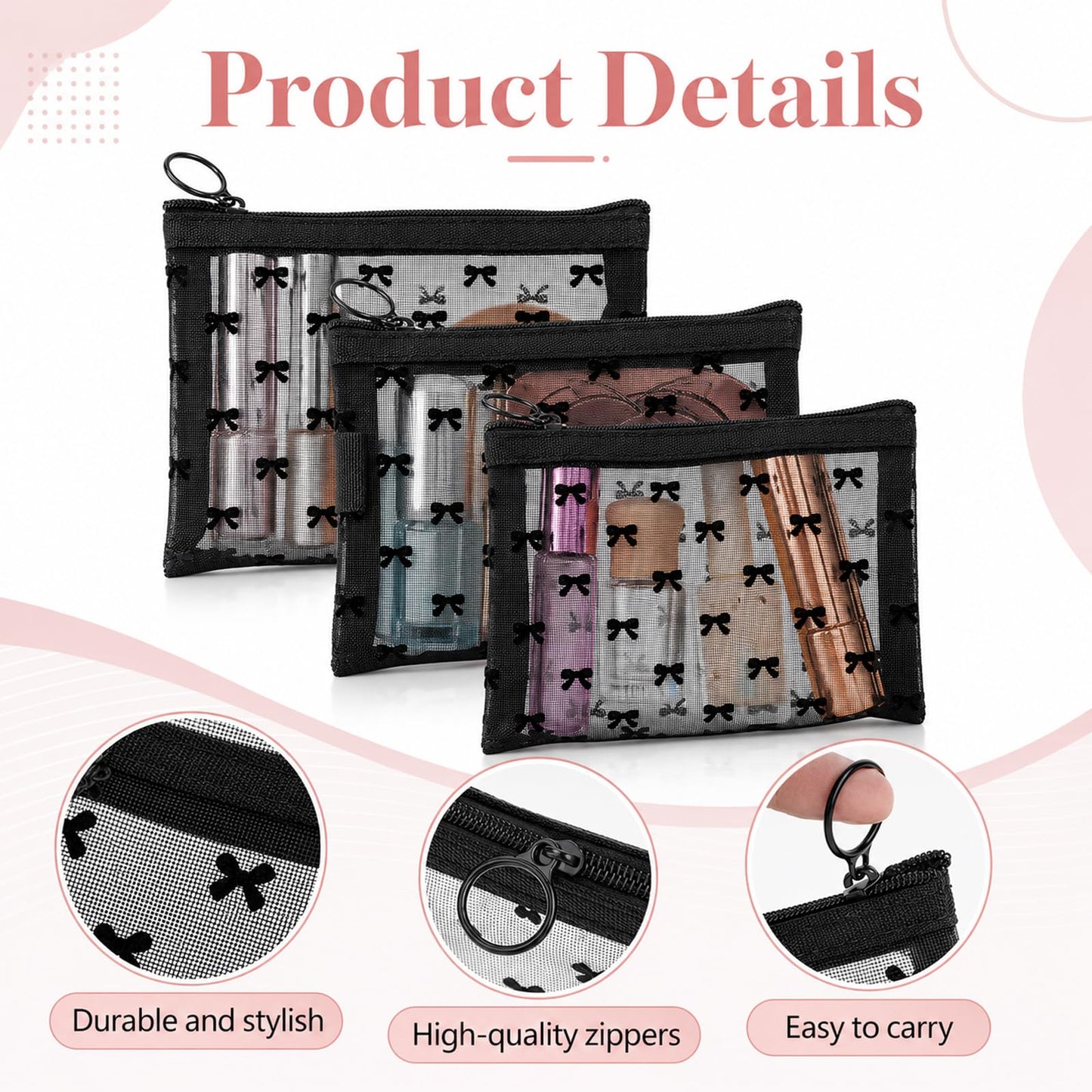 Gtziqa 3 PCS Bow Print Mesh Pouch with Zipper, Mesh Zipper Cosmetic Bags