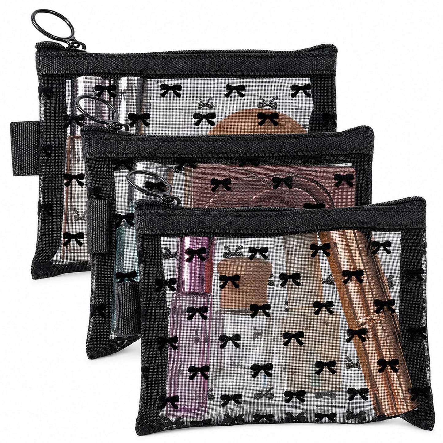 Gtziqa 3 PCS Bow Print Mesh Pouch with Zipper, Mesh Zipper Cosmetic Bags