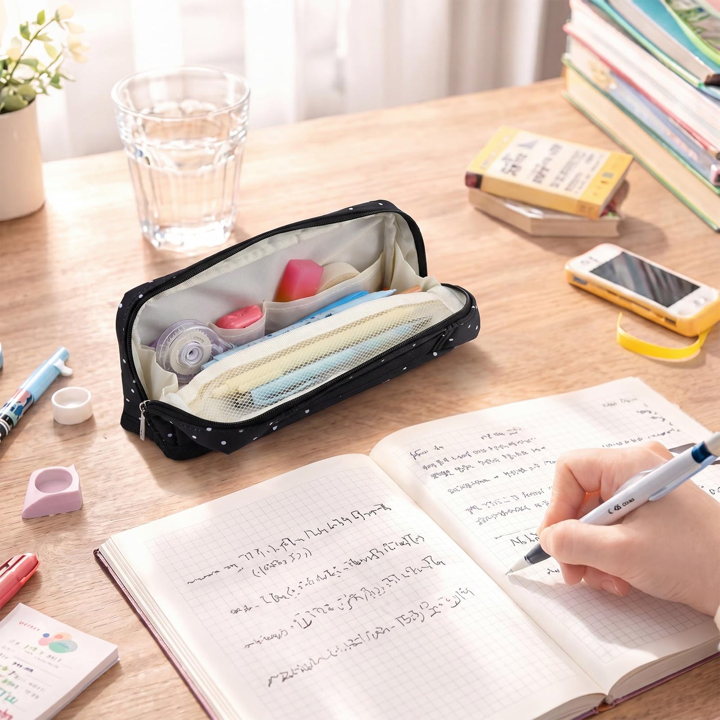 Gueevin Large Capacity Pencil Case Polka Dot Pencil Case Black and White Pen Pouch with Multiple Compartments Foldable Portable Stationery Organizer Makeup Bag for Adults(Black)