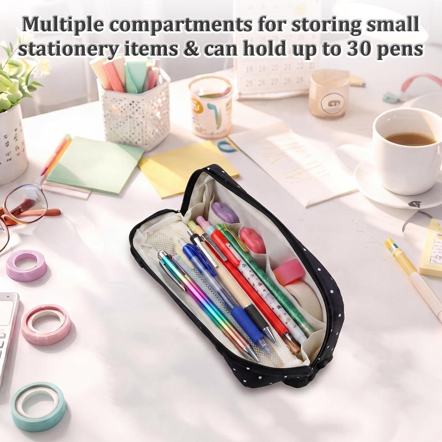 Gueevin Large Capacity Pencil Case Polka Dot Pencil Case Black and White Pen Pouch with Multiple Compartments Foldable Portable Stationery Organizer Makeup Bag for Adults(Black)