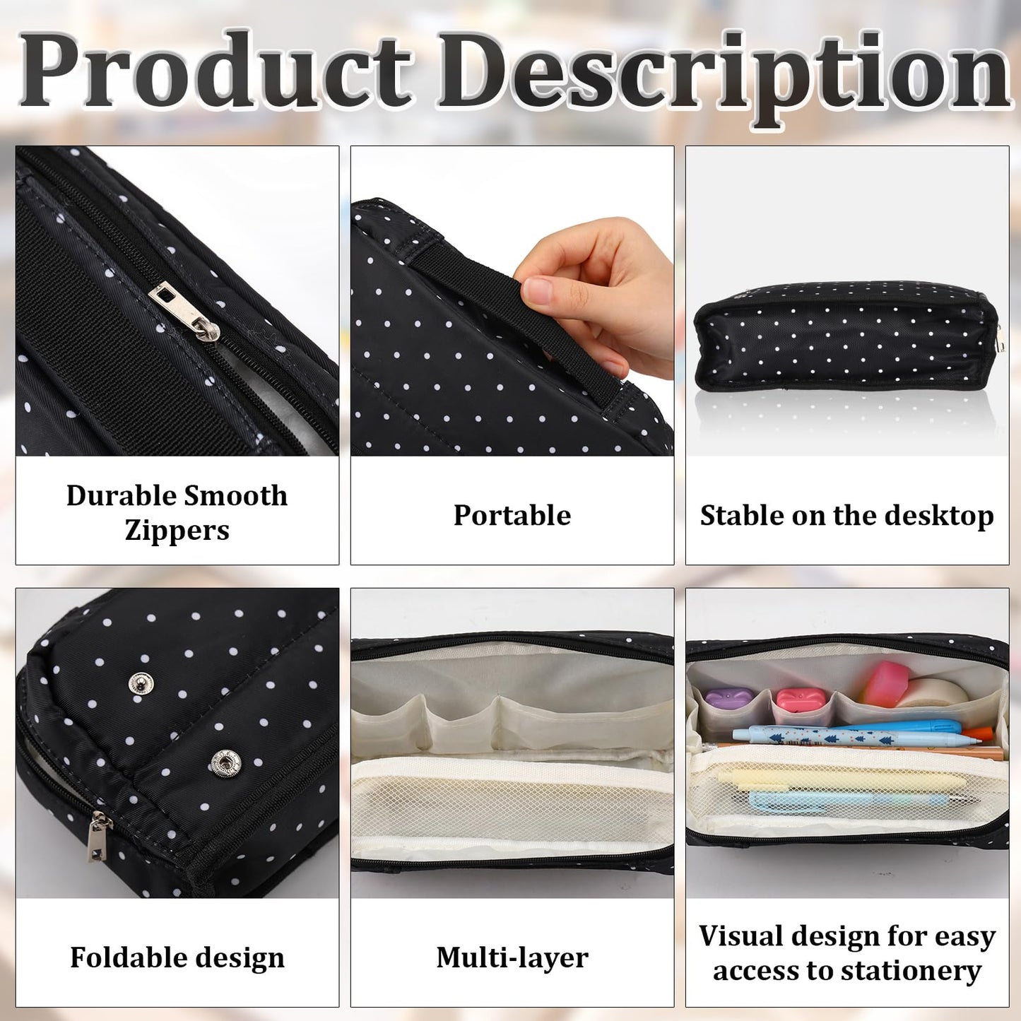 Gueevin Large Capacity Pencil Case Polka Dot Pencil Case Black and White Pen Pouch with Multiple Compartments Foldable Portable Stationery Organizer Makeup Bag for Adults(Black)