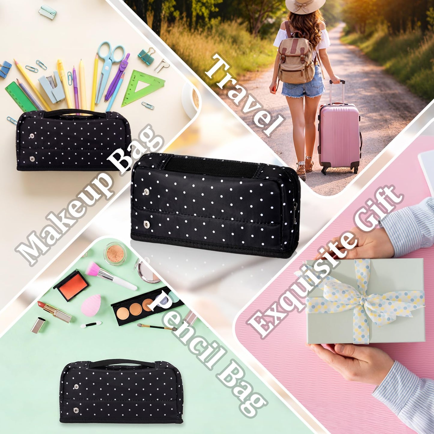 Gueevin Large Capacity Pencil Case Polka Dot Pencil Case Black and White Pen Pouch with Multiple Compartments Foldable Portable Stationery Organizer Makeup Bag for Adults(Black)