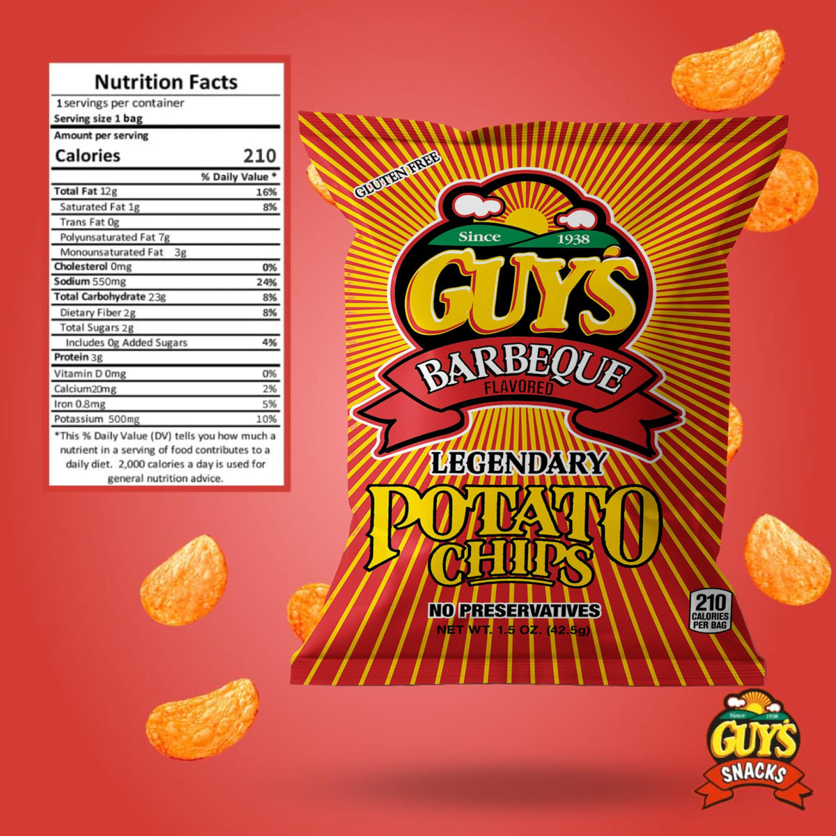 Guy's BBQ Potato Chips – Bold Smoky Flavor, Gluten-Free Snack Chips (1.5 oz bag, Pack of 24)