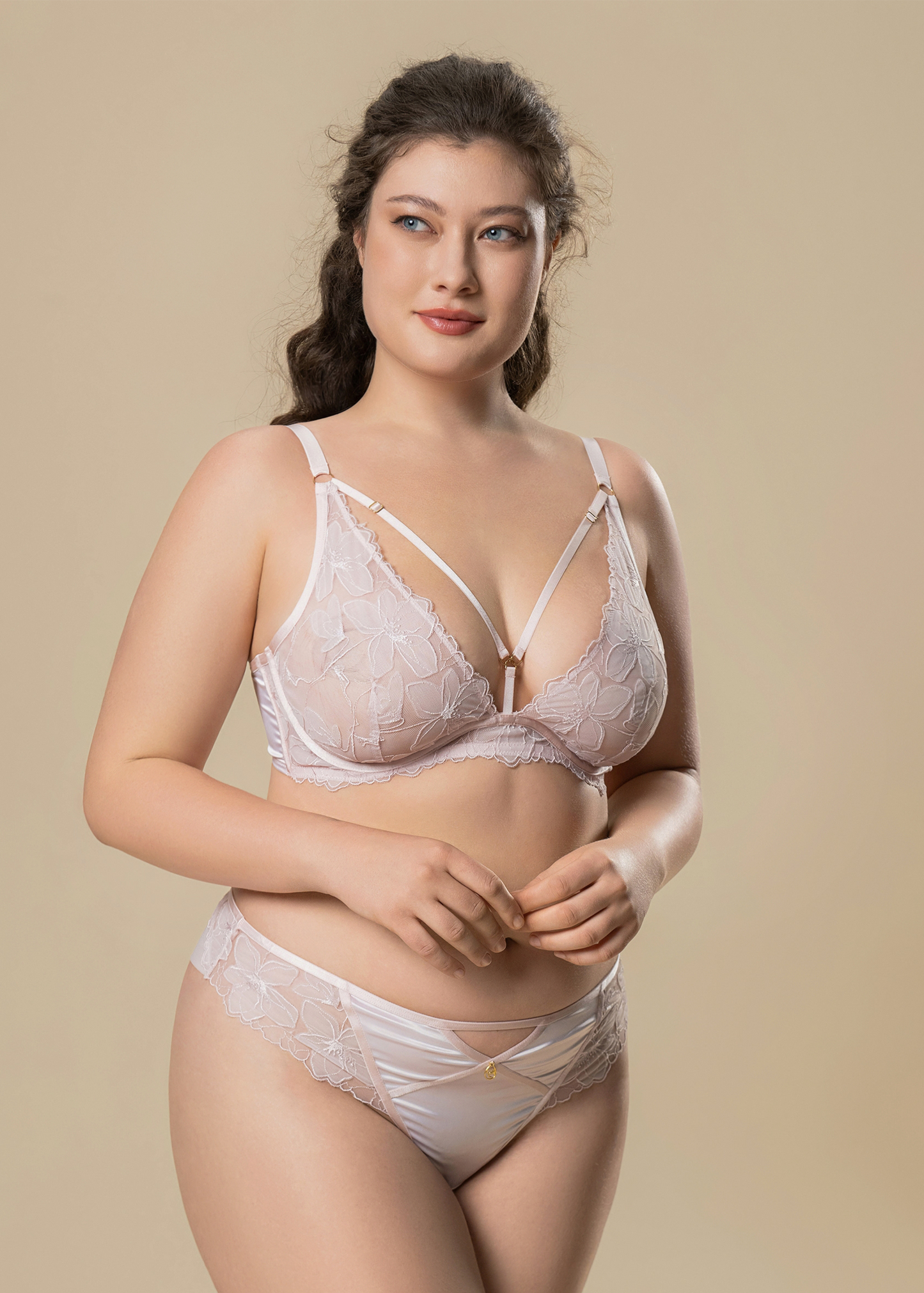 HALONA Plus Pink Floral Embroidery Lace Tanga Panties