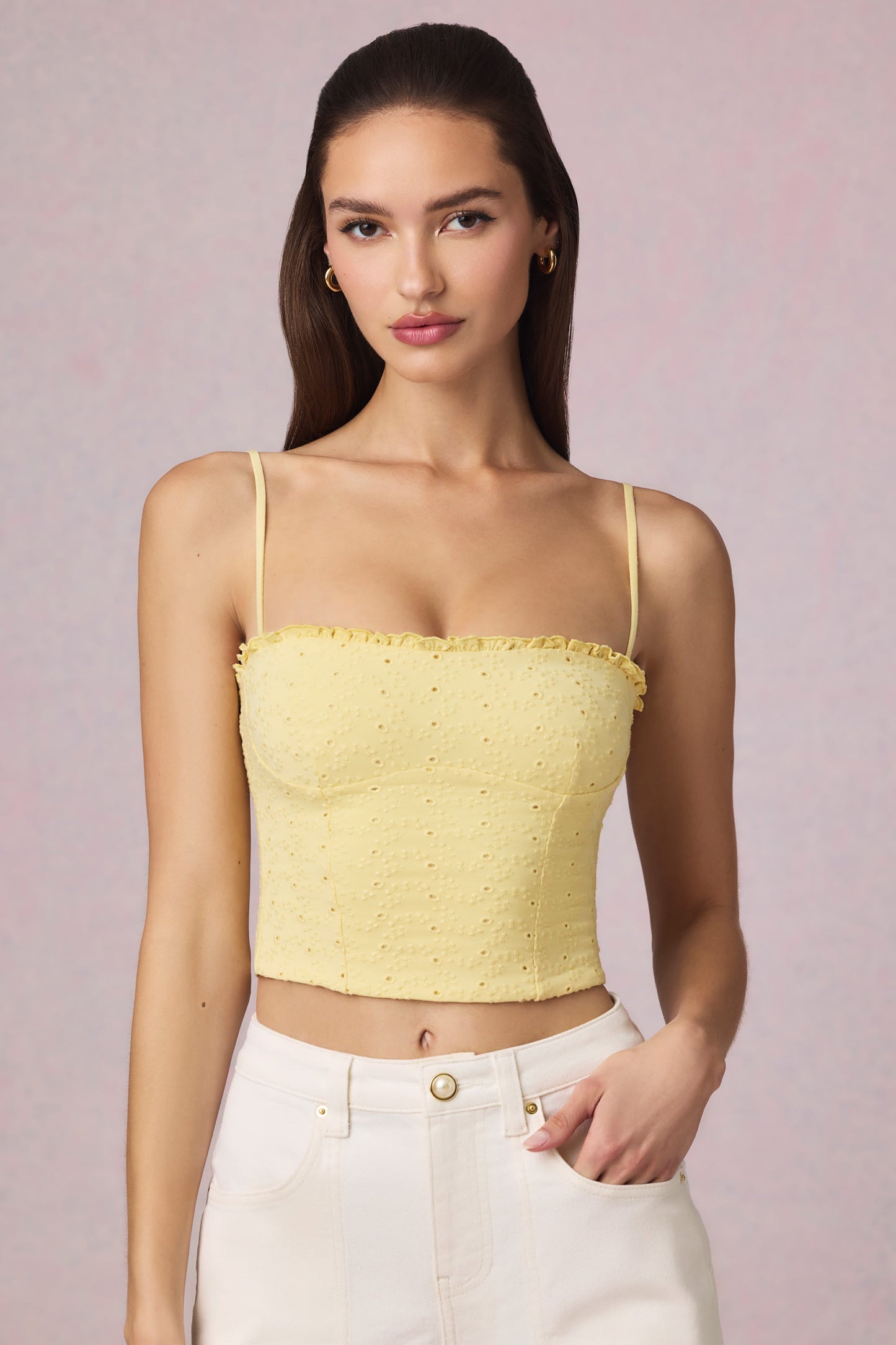 Modal Broderie Anglaise Camisole Top in Lemon Yellow