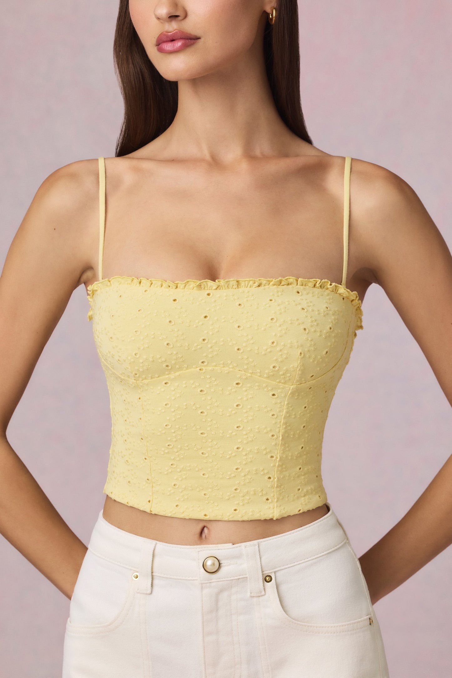 Modal Broderie Anglaise Camisole Top in Lemon Yellow