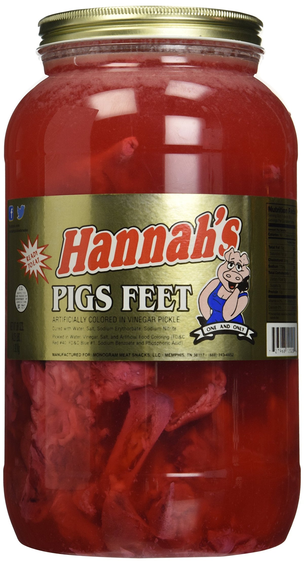 Hannah's Pickled Pigs Feet 10-12 ct Gallon Jar | Tangy Traditional Snack