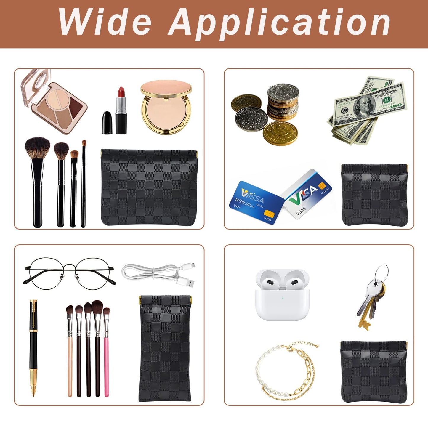 Hapforever 3PCS Small Makeup Bag for Purse, Waterproof PU Leather Snap Closure Organizer Set Mini Travel Cosmetic Pouches for Women Coin Purse Lipstick Cosmetic Accessories Organizer (Black)