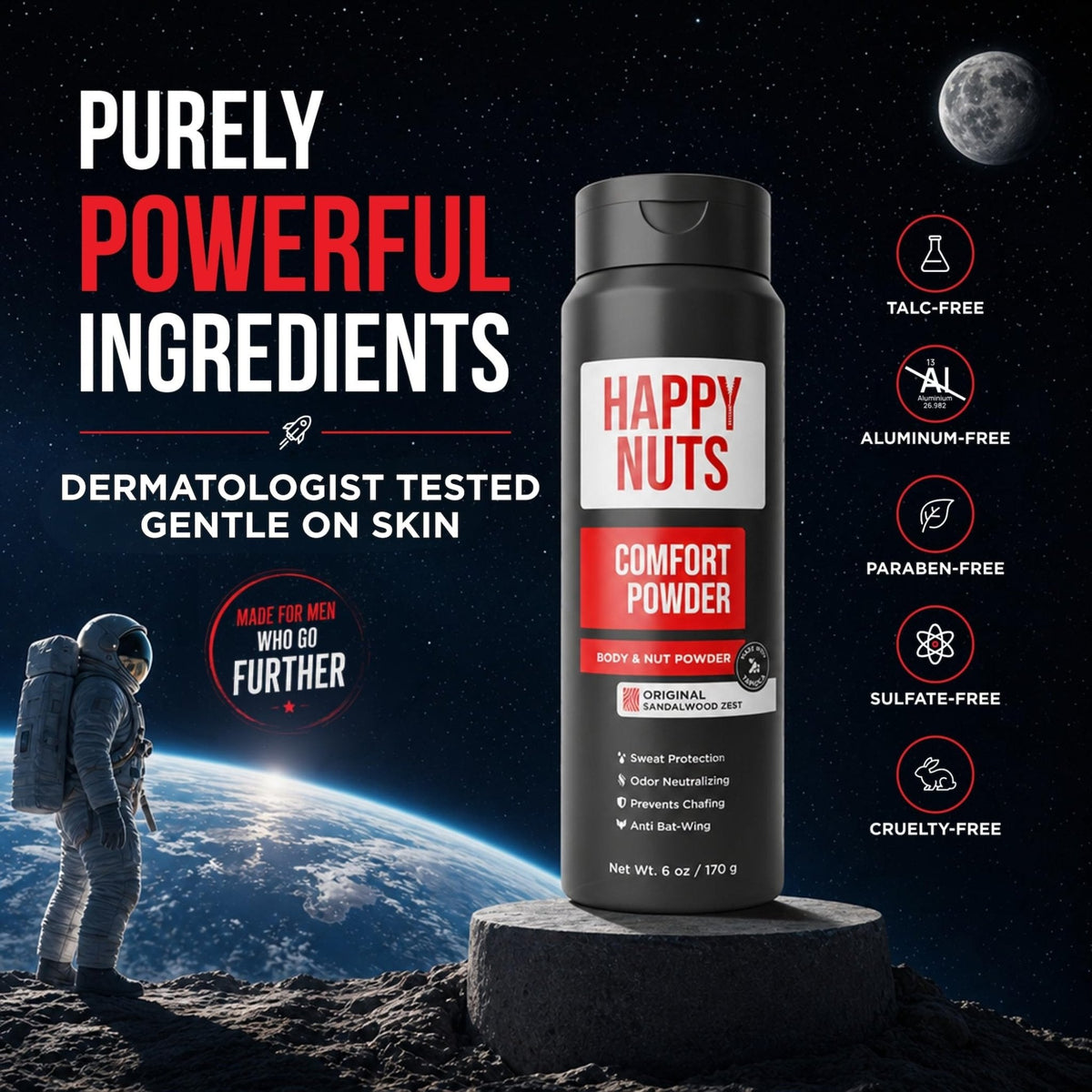 HAPPY NUTS Comfort Powder Deodorant For Men: Anti-Chafing, Sweat and Odor Control for Jock Itch, Aluminum-Free, 6 oz (1 Pack), Original Scent