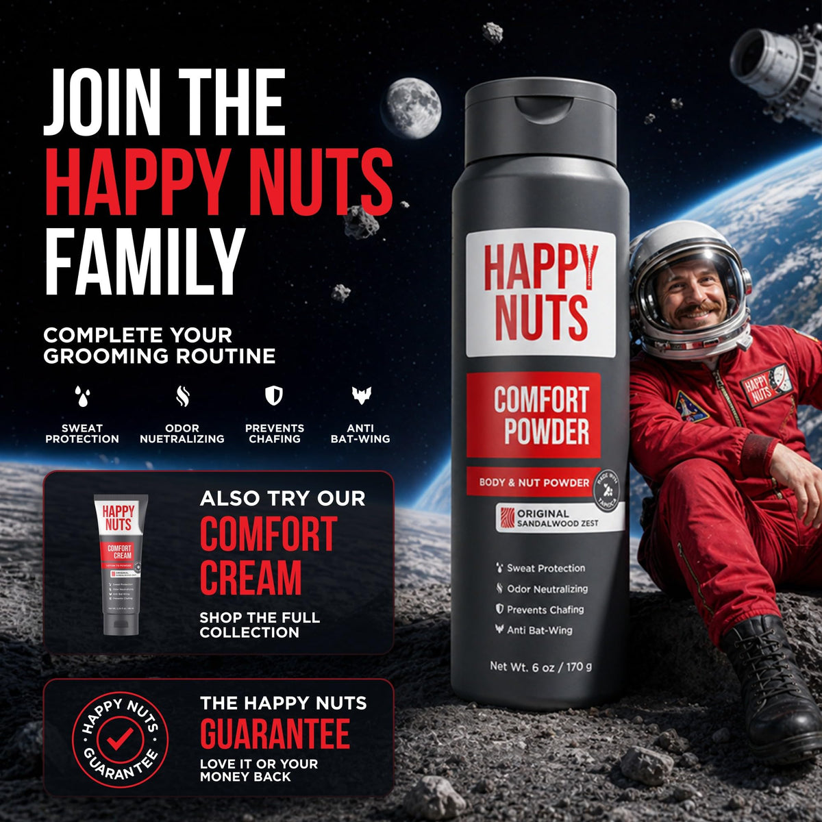 HAPPY NUTS Comfort Powder Deodorant For Men: Anti-Chafing, Sweat and Odor Control for Jock Itch, Aluminum-Free, 6 oz (1 Pack), Original Scent