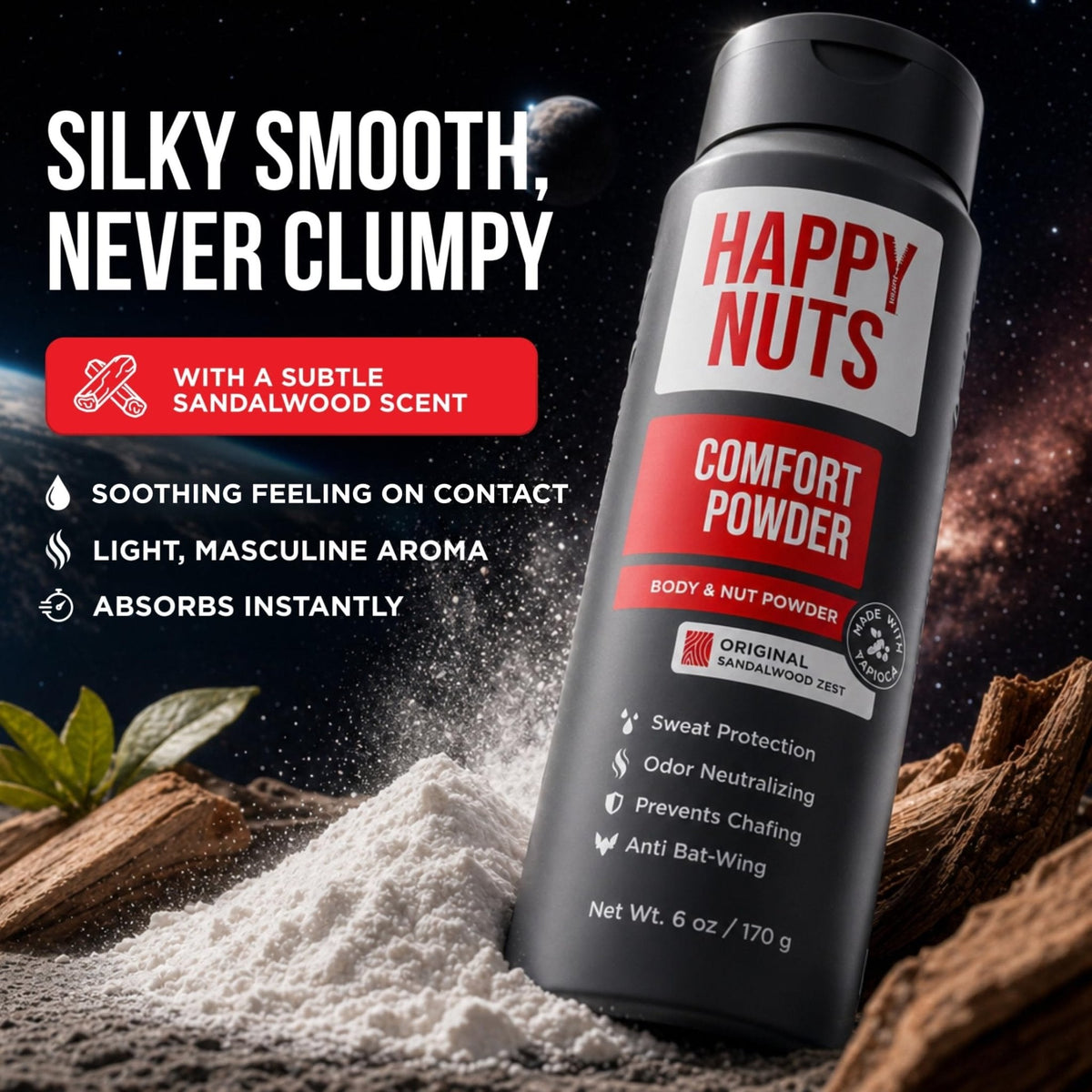 HAPPY NUTS Comfort Powder Deodorant For Men: Anti-Chafing, Sweat and Odor Control for Jock Itch, Aluminum-Free, 6 oz (1 Pack), Original Scent