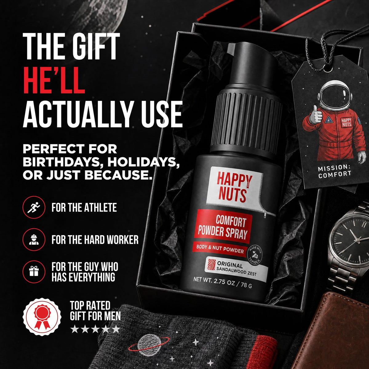 HAPPY NUTS Comfort Powder Spray: Anti Chafing & Mens Deodorant, Aluminum-Free, Sweat and Odor Control for Jock Itch, Groin and Men's Private Parts