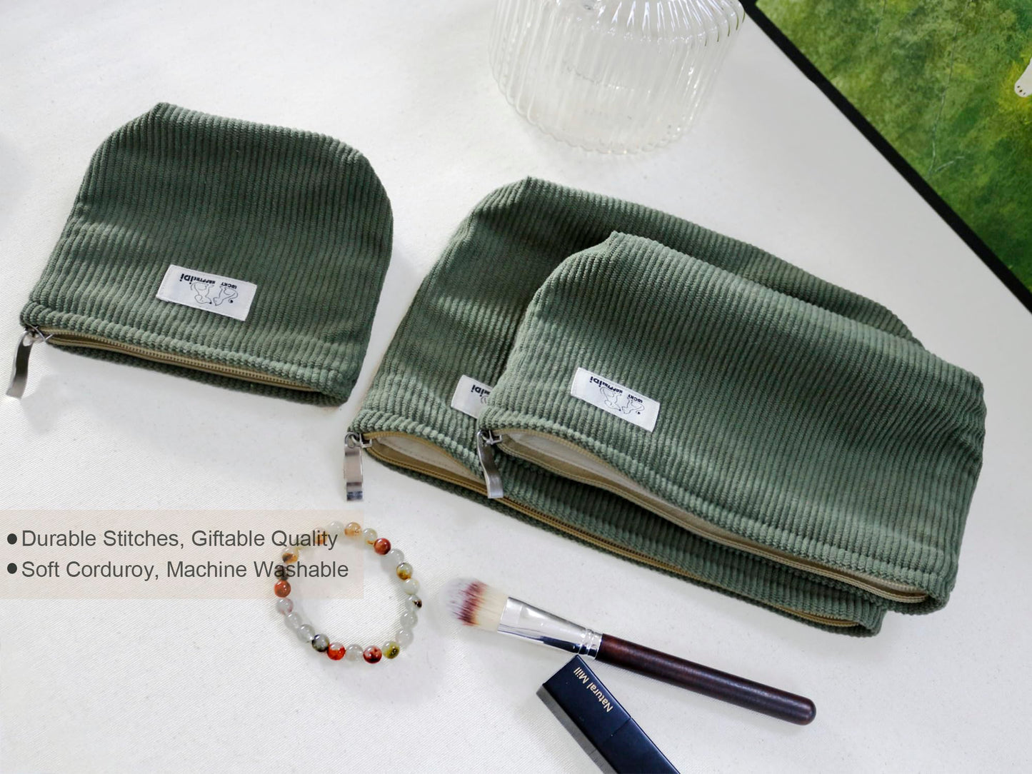 HAPPYHEIDI Large Makeup Bag Set 3 Travel Cosmetic Pouch, Dark Green