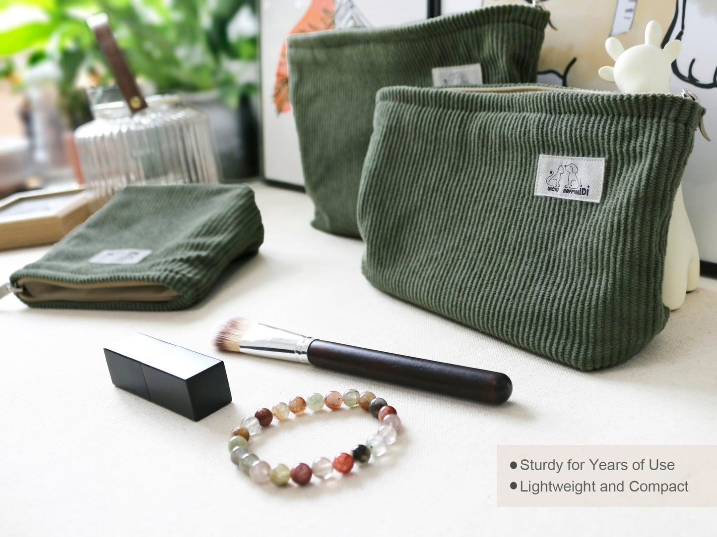 HAPPYHEIDI Large Makeup Bag Set 3 Travel Cosmetic Pouch, Dark Green