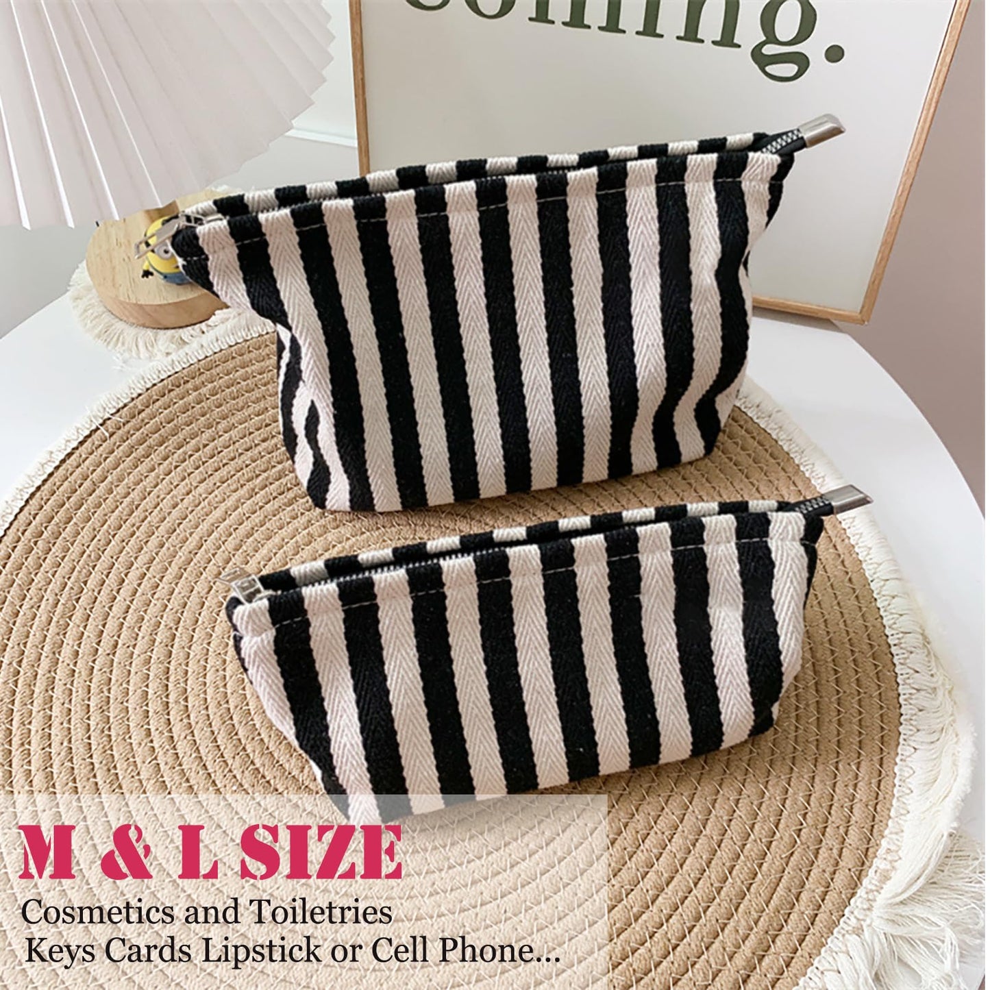 HAPPYHEIDI Small Makeup Brush Bag Zipper Pouch, Black White Striped