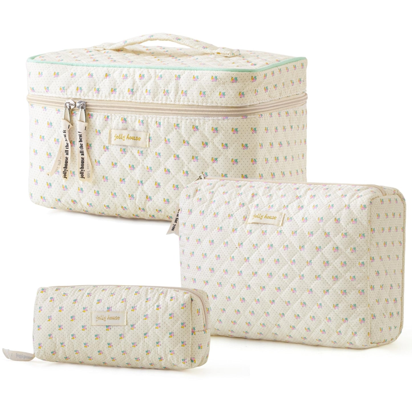 HBselect Quilted Makeup Bag, 3Pcs Cotton Large Travel Makeup Bags Organizer