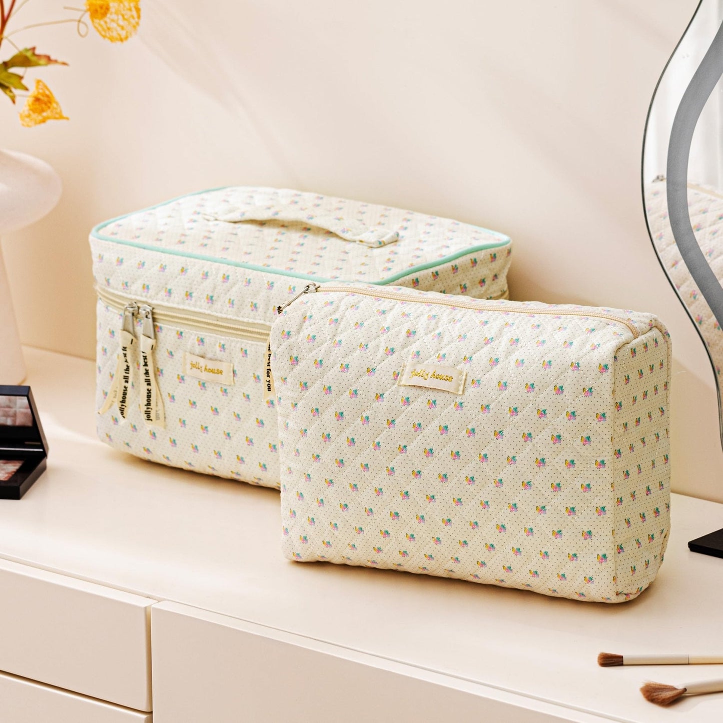HBselect Quilted Makeup Bag, 3Pcs Cotton Large Travel Makeup Bags Organizer