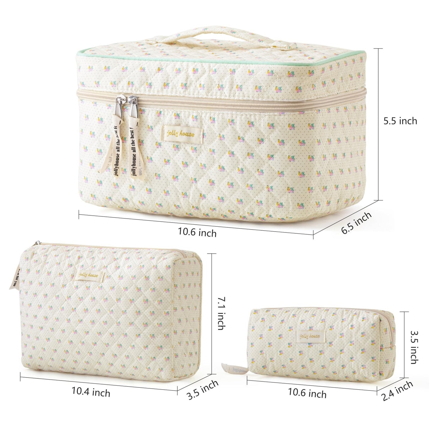 HBselect Quilted Makeup Bag, 3Pcs Cotton Large Travel Makeup Bags Organizer