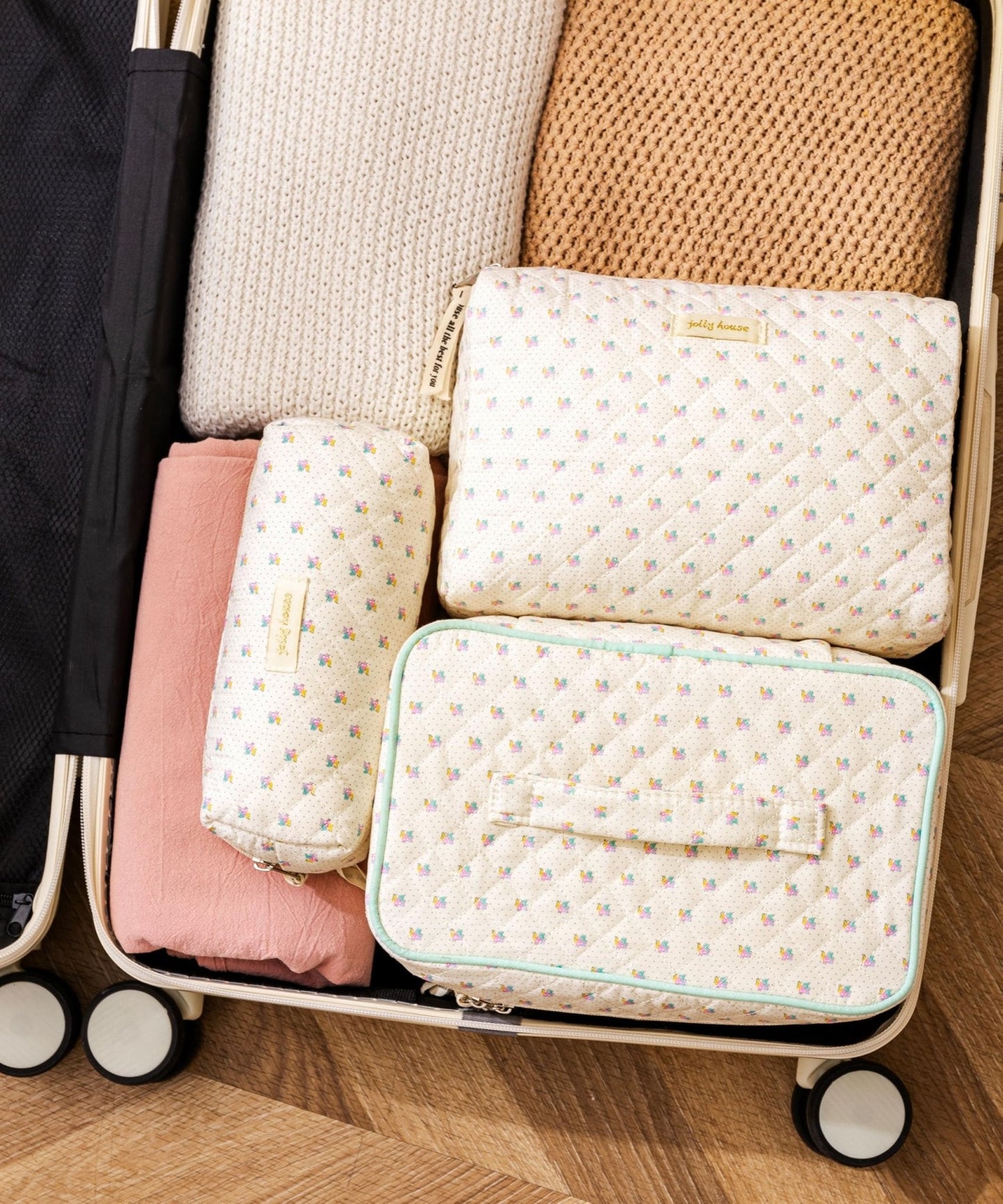 HBselect Quilted Makeup Bag, 3Pcs Cotton Large Travel Makeup Bags Organizer
