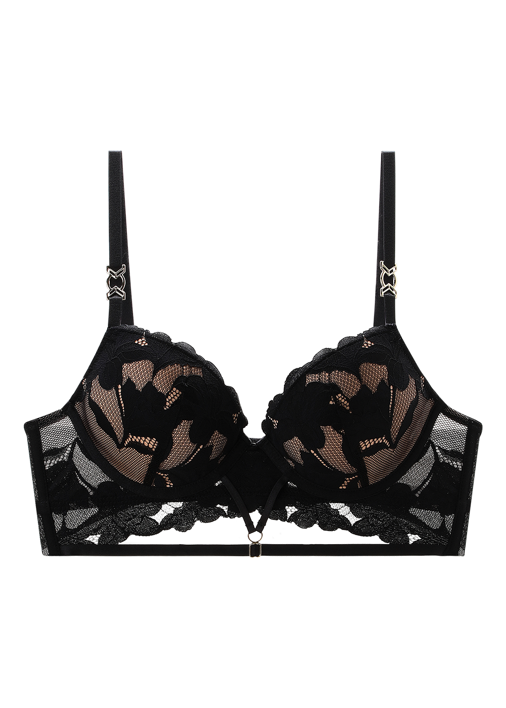 HEBE Black Lace Push-Up Long Demi Bra with Molded Cups
