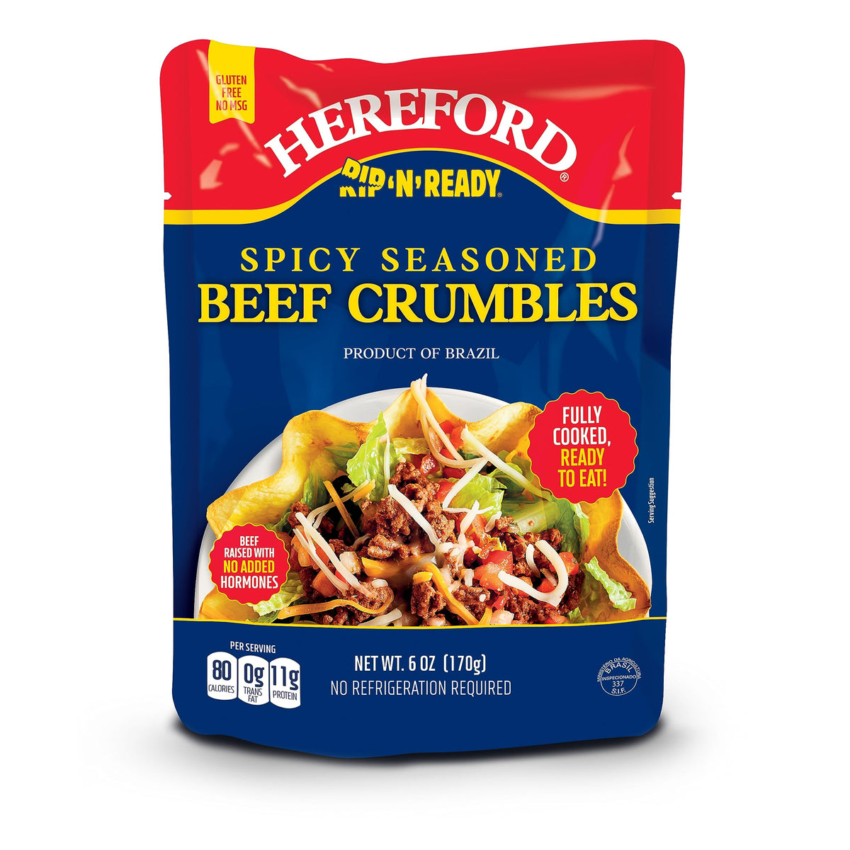 Hereford Spicy Seasoned Beef Crumbles – Fully Cooked, Halal, Shelf-Stable, 6 oz (Case of 12)