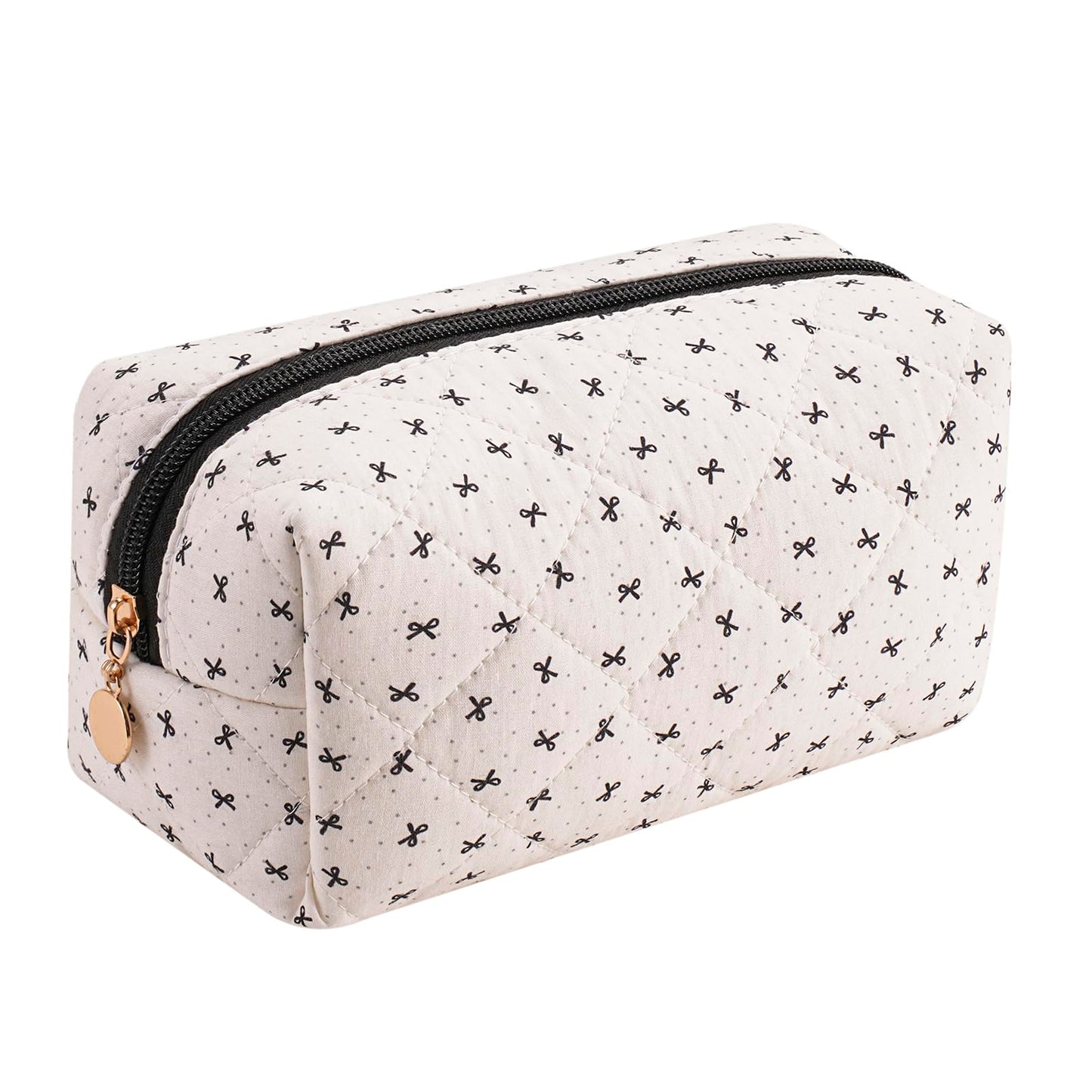 HHQQWZ Cute Floral Cotton Makeup Bag, Quilted Makeup Bag for Women Girls, Travel Floral Cosmetic Bag Zipper Make Up Pouch, Flowers Toiletry Organizer Bag (Grey/Black Bowknot)