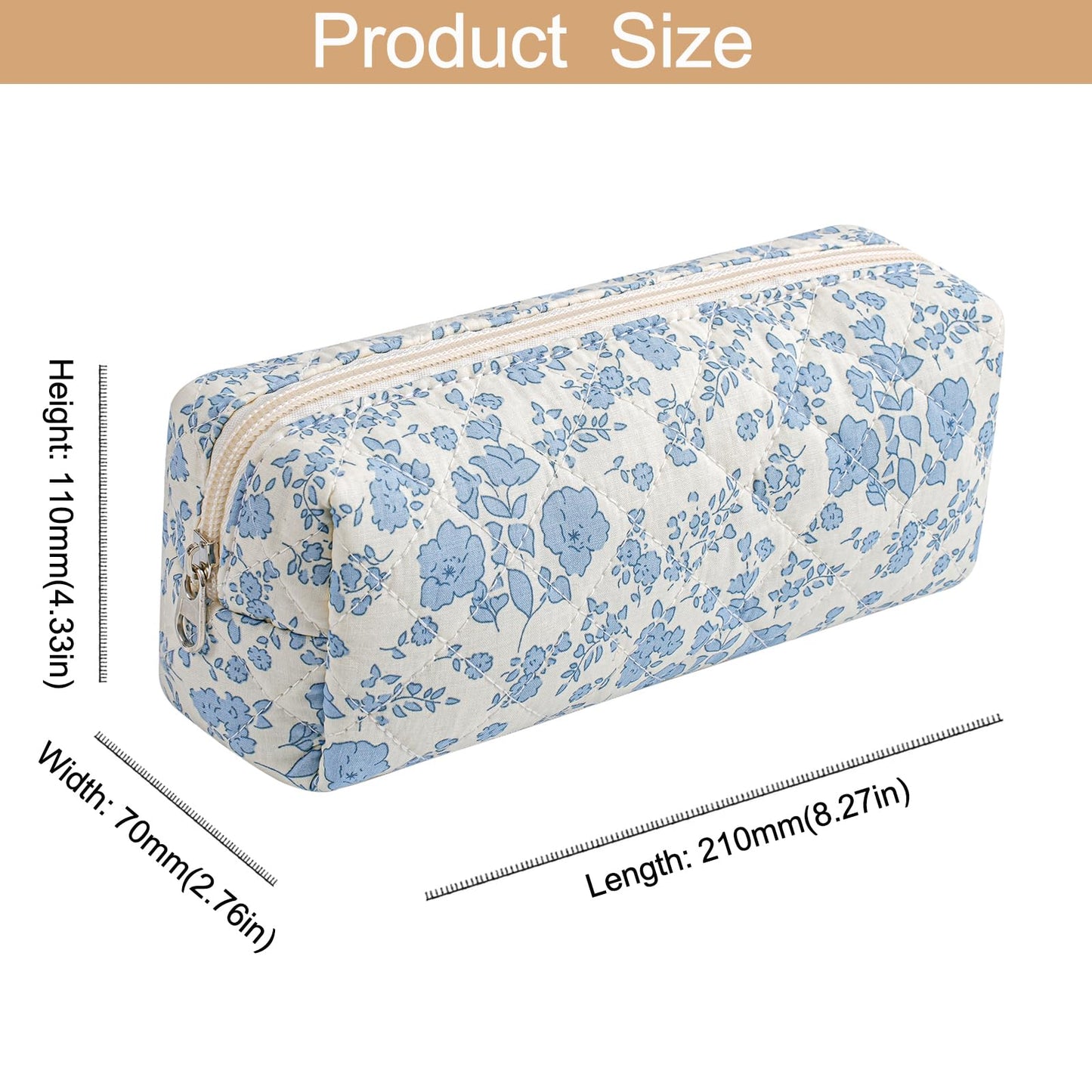 HHQQWZ Cute Floral Cotton Makeup Brush Cosmetic Bag for Women, Travel Quilted Zipper Make Up Bag, Flowers Toiletry Organizer Case Kawaii Makeup Cosmetic Travel Cloth Pouch (Blue Floral)