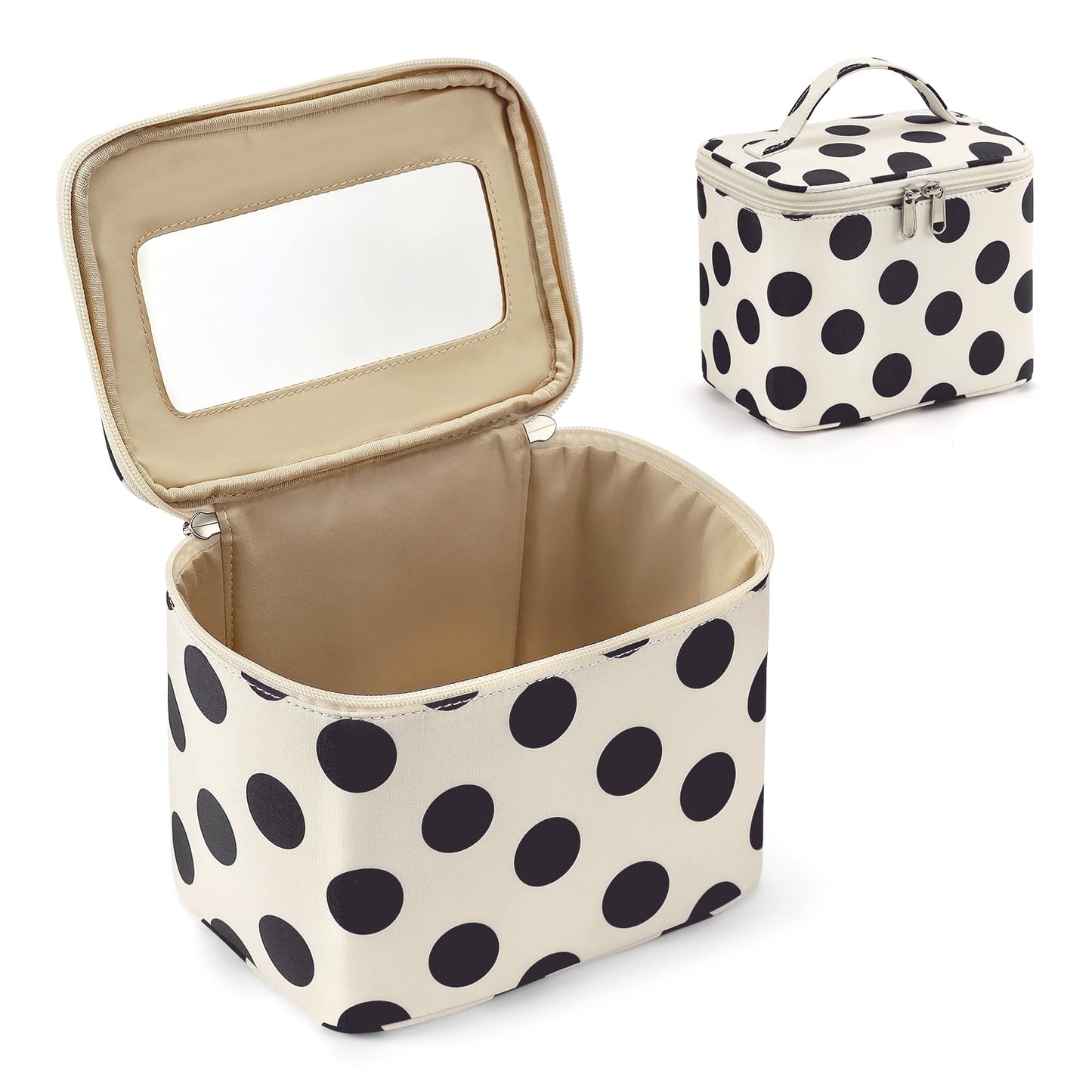 Hibilog Polka Dots Makeup Bag with Built-in Mirror, Large Capacity Nylon Cosmetic Bag, Portable Travel Toiletry Organizer with Handle for Travel (White Polka)