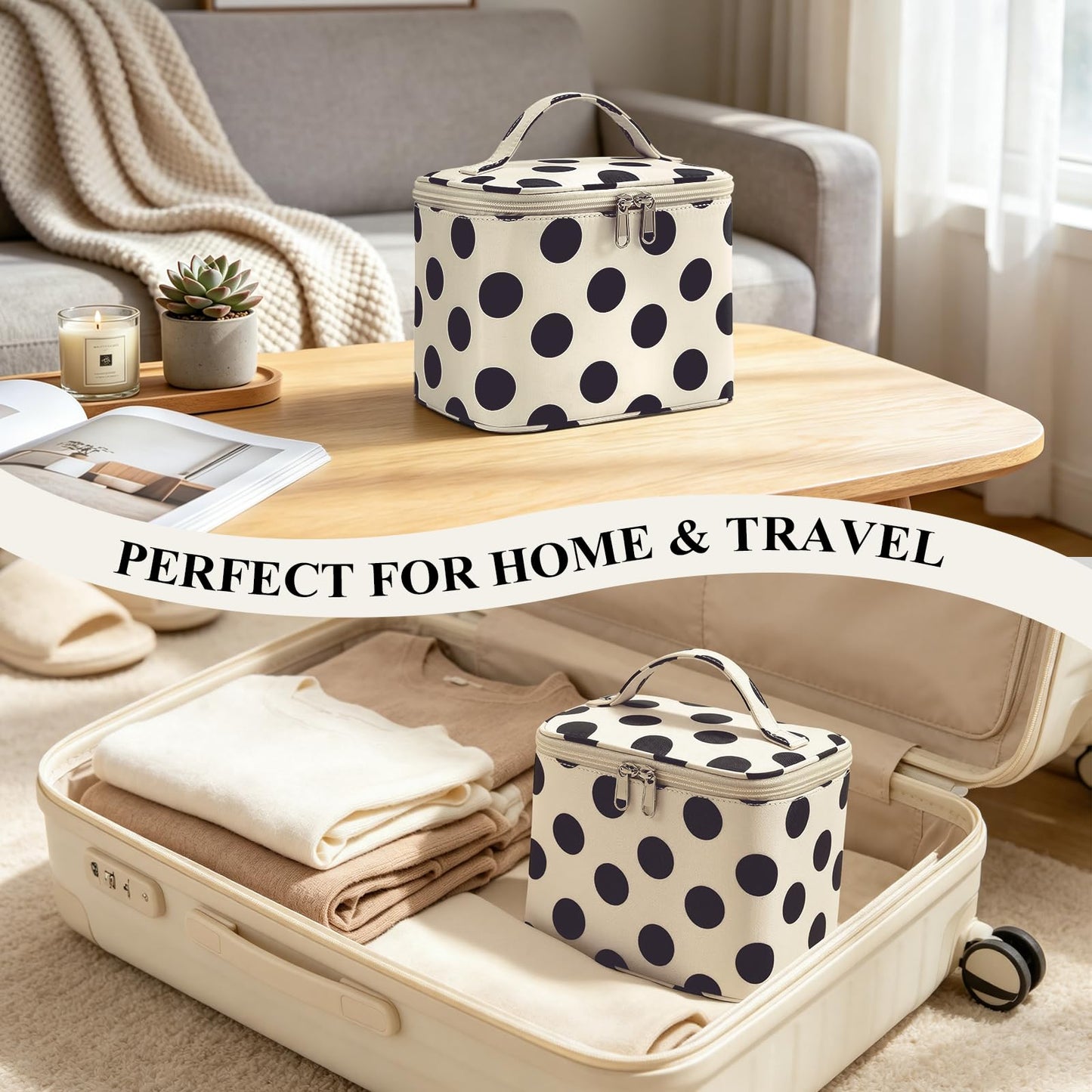 Hibilog Polka Dots Makeup Bag with Built-in Mirror, Large Capacity Nylon Cosmetic Bag, Portable Travel Toiletry Organizer with Handle for Travel (White Polka)