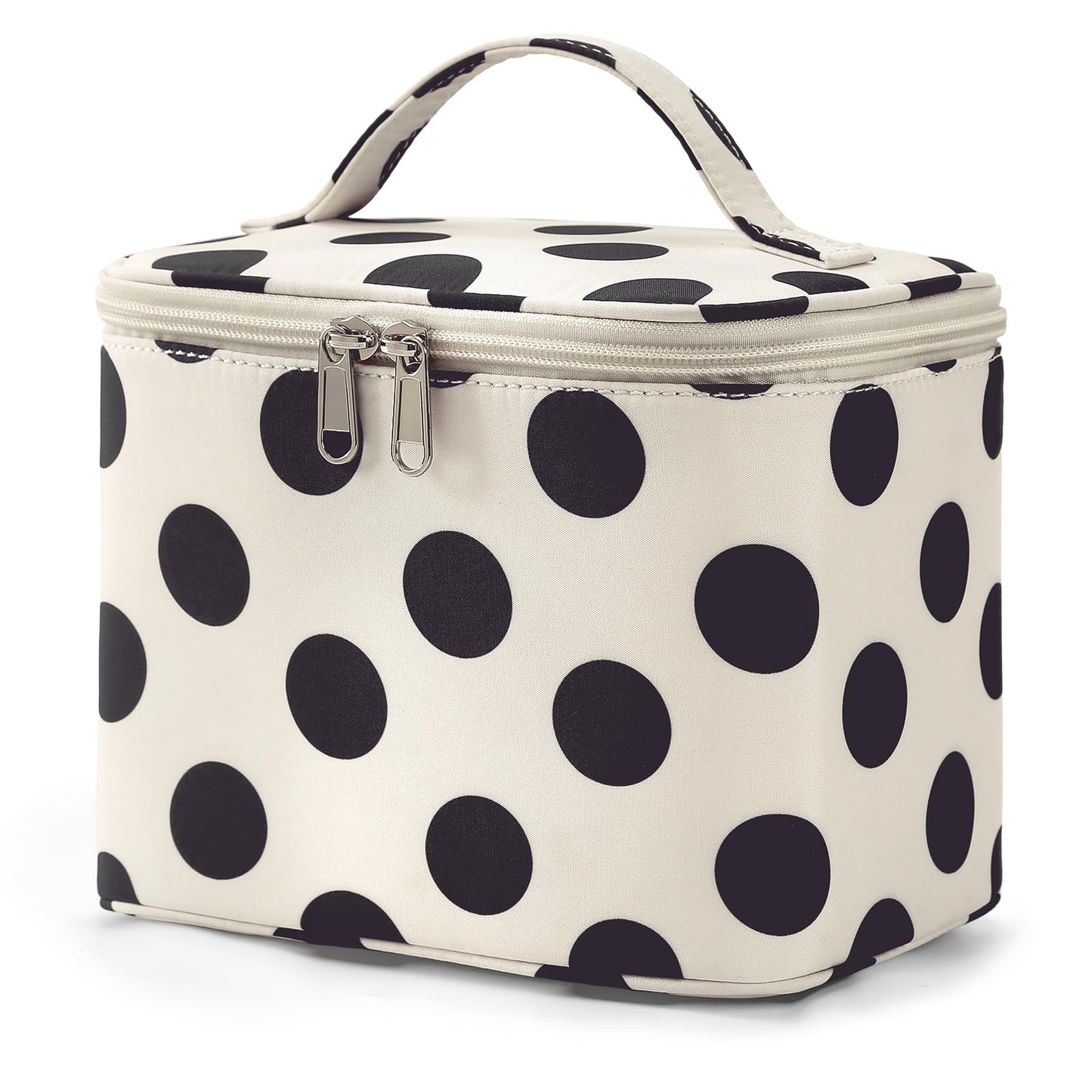 Hibilog Polka Dots Makeup Bag with Built-in Mirror, Large Capacity Nylon Cosmetic Bag, Portable Travel Toiletry Organizer with Handle for Travel (White Polka)