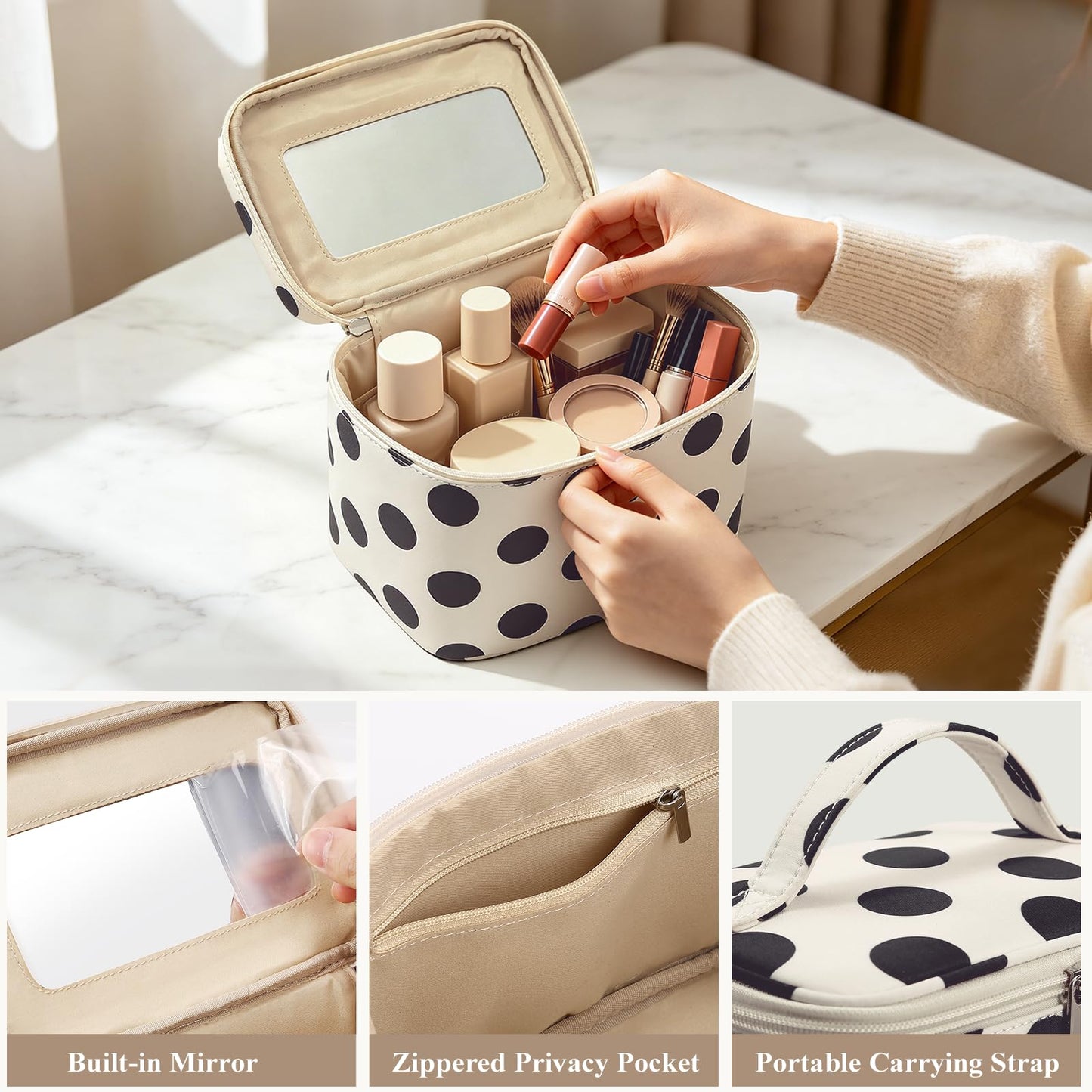 Hibilog Polka Dots Makeup Bag with Built-in Mirror, Large Capacity Nylon Cosmetic Bag, Portable Travel Toiletry Organizer with Handle for Travel (White Polka)