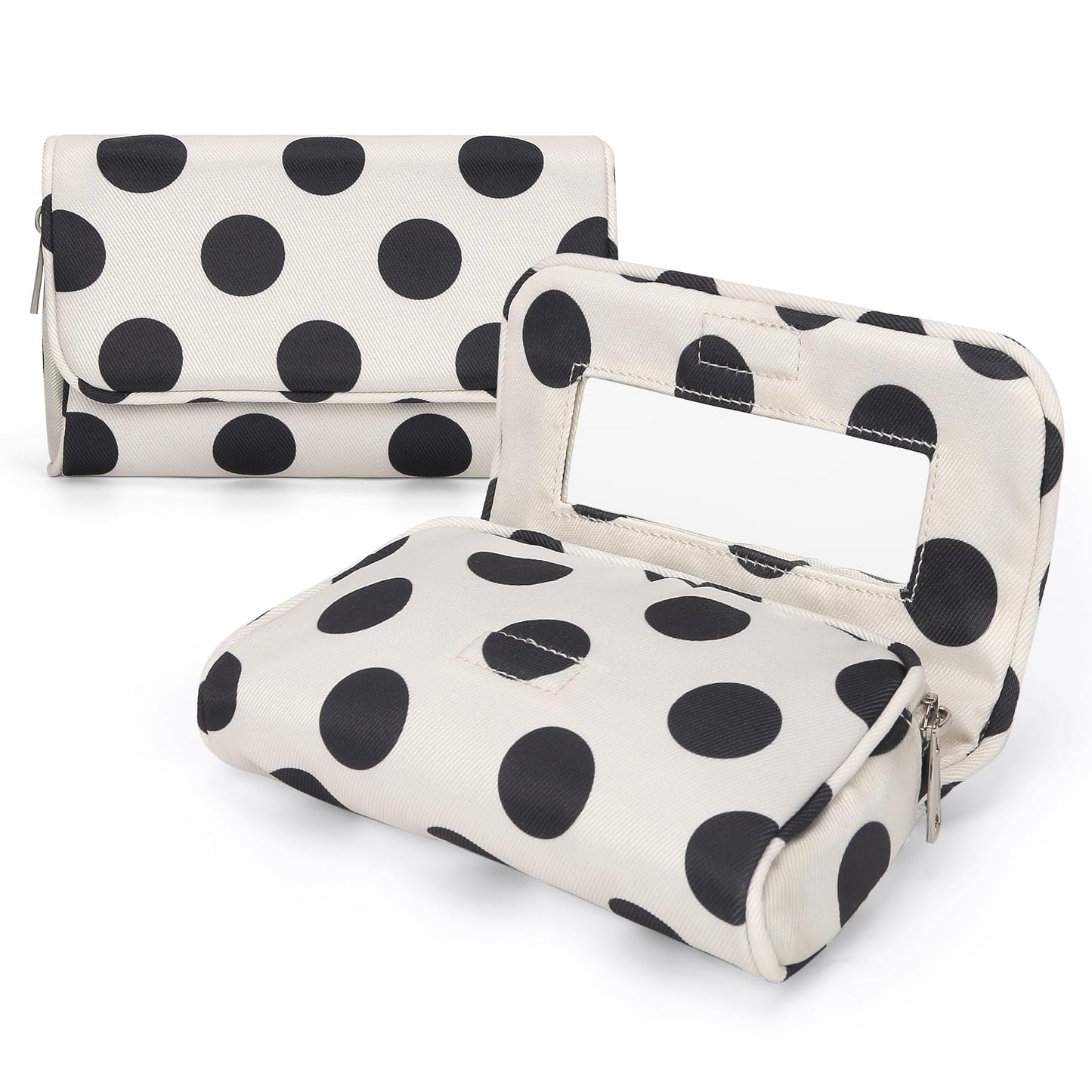 Hibilog Women’s Cute Nylon Makeup Bag with Built-in Mirror, Protable Lightweight Cosmetic Bag, Trendy Toiletry Bag for Travel (White Polka)