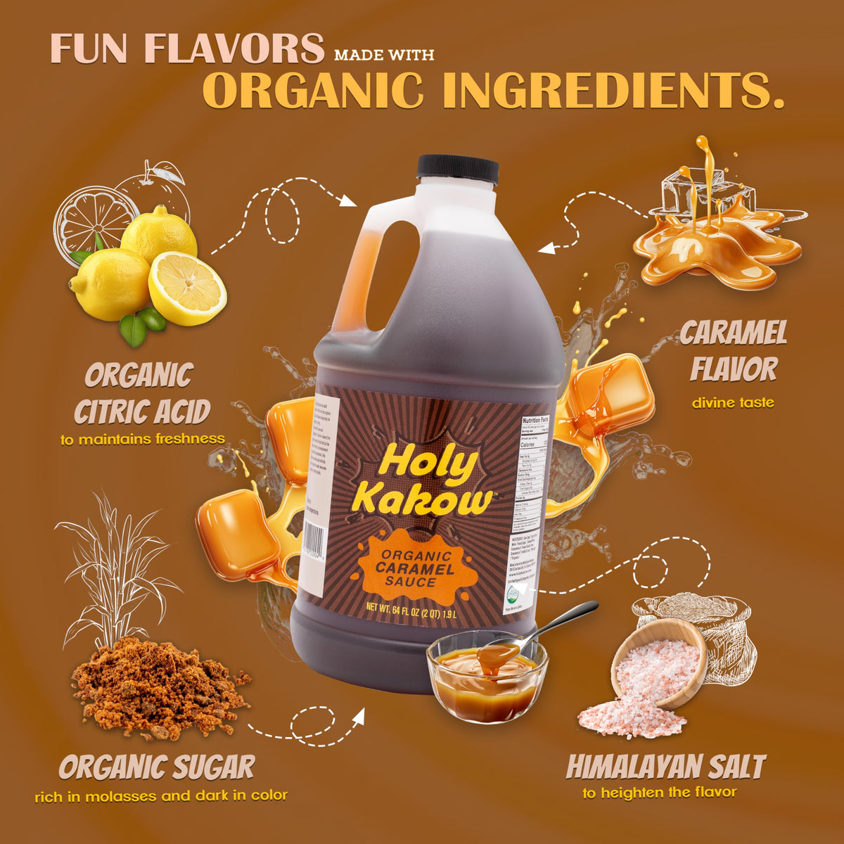 Holy Kakow Organic Caramel Sauce - Vegan, Dairy-Free, Gluten-Free, 64 Oz