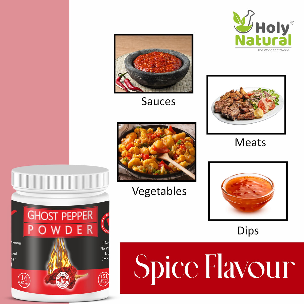 Holy Natural Ghost Pepper Powder (Bhut Jolokia) – 16 oz / 454 g, 100% Pure, Smoked, Hottest & Smoky Chili Powder