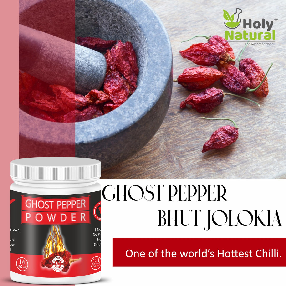 Holy Natural Ghost Pepper Powder (Bhut Jolokia) – 16 oz / 454 g, 100% Pure, Smoked, Hottest & Smoky Chili Powder