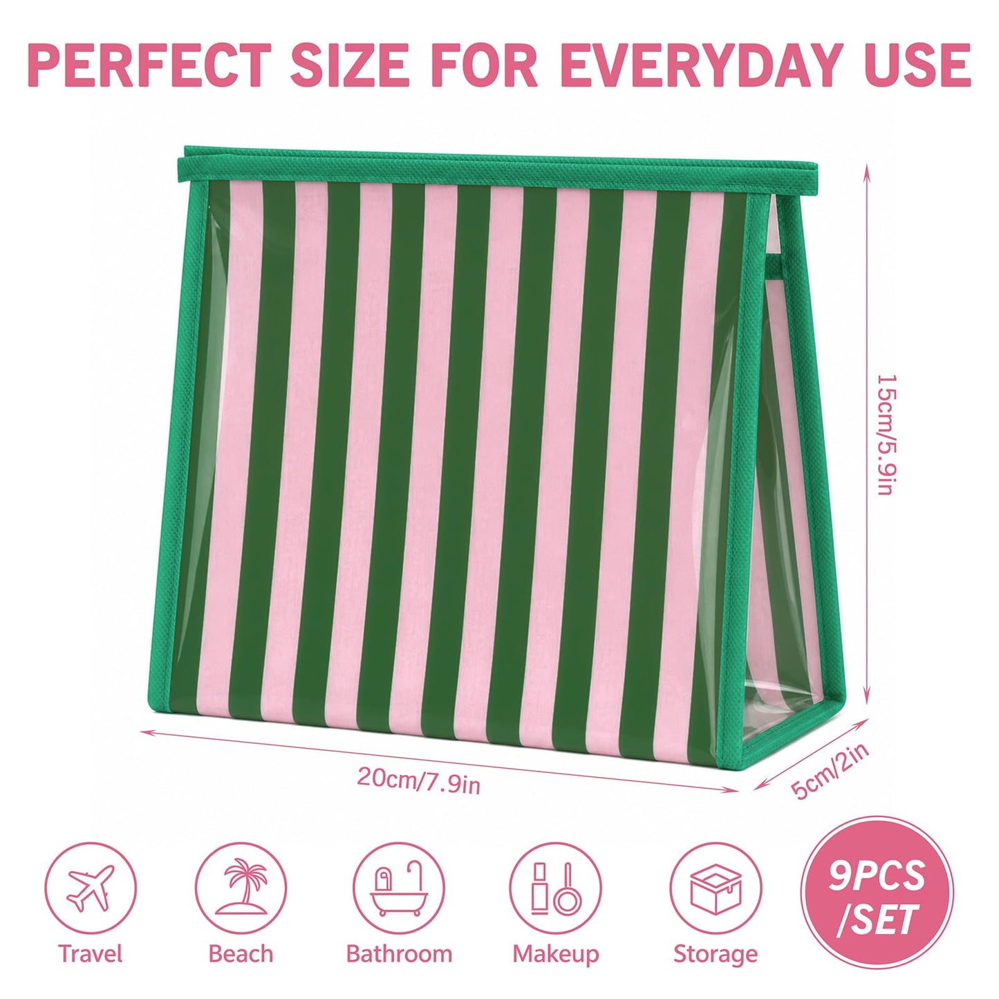 Hosuly 9 Pack Small Striped Makeup Bags Waterproof PVC Zipper Pouch
