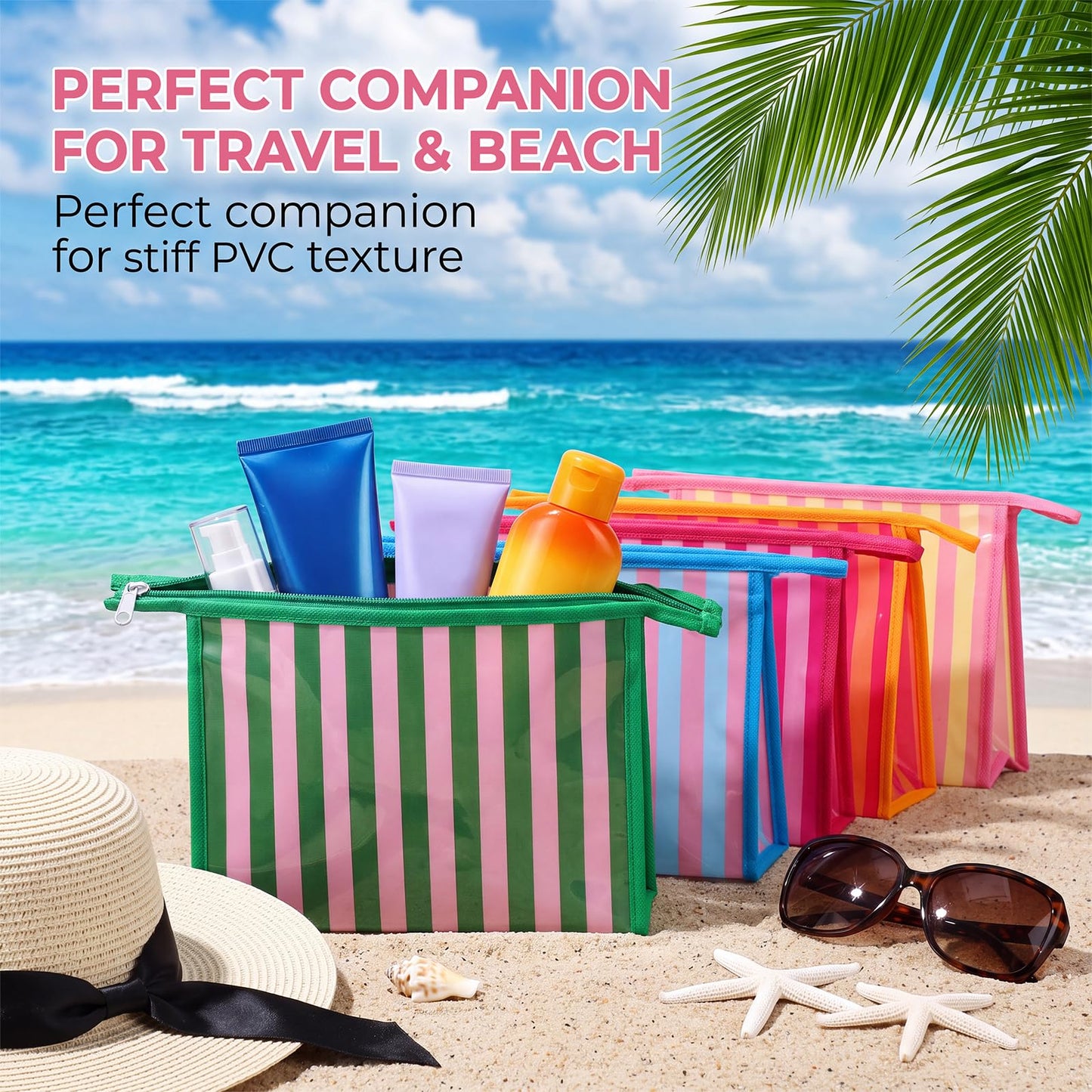 Hosuly 9 Pack Small Striped Makeup Bags Waterproof PVC Zipper Pouch