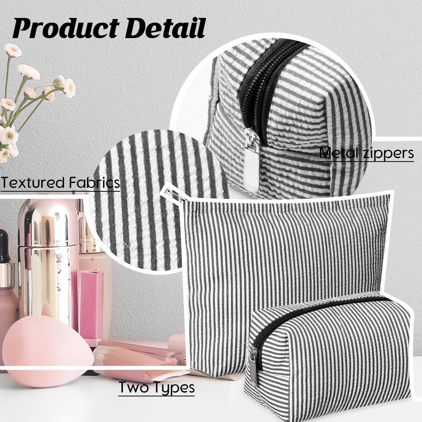 Huhumy 2 Pcs Makeup Bag Set for Women, Black, Thin Striped Seersucker