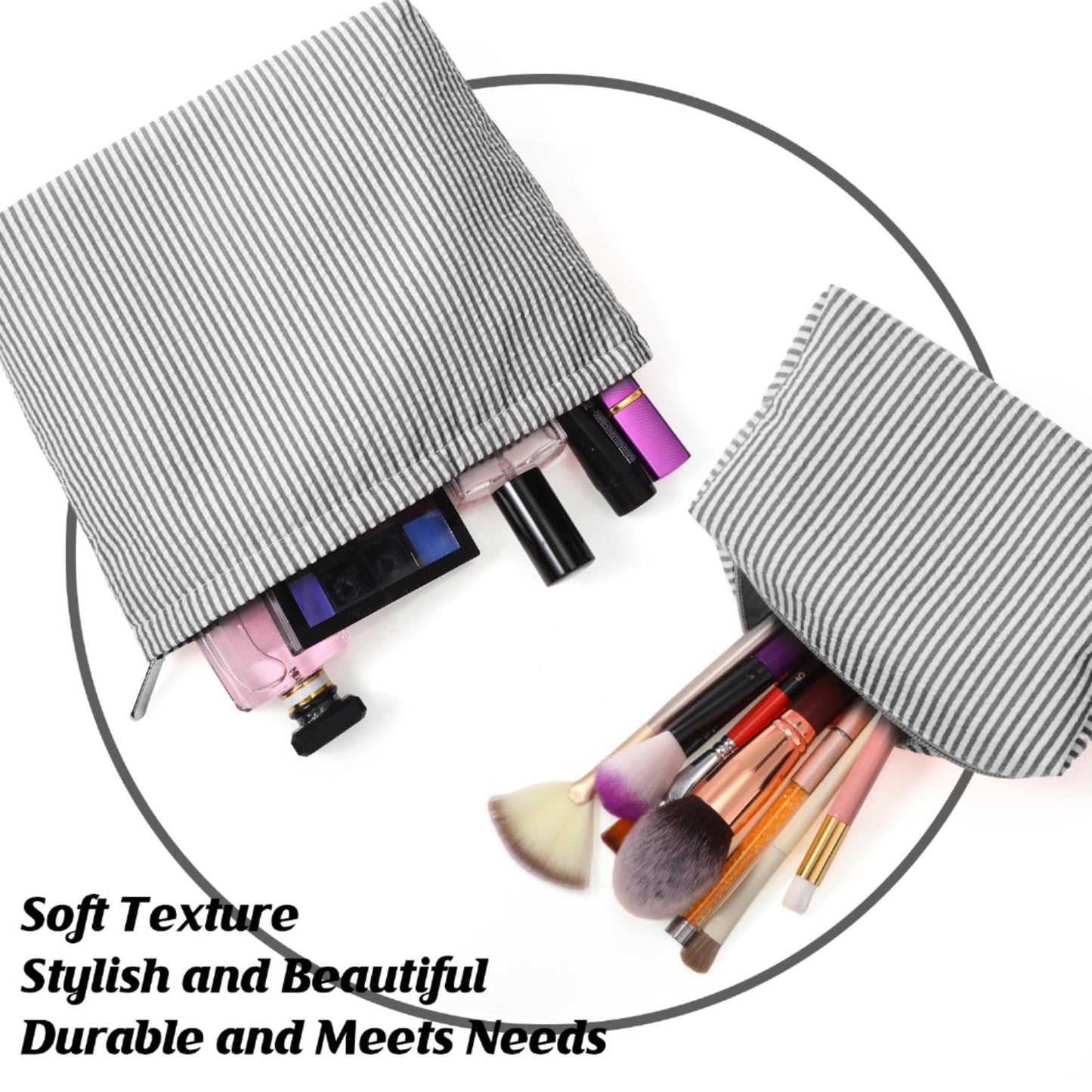 Huhumy 2 Pcs Makeup Bag Set for Women, Black, Thin Striped Seersucker