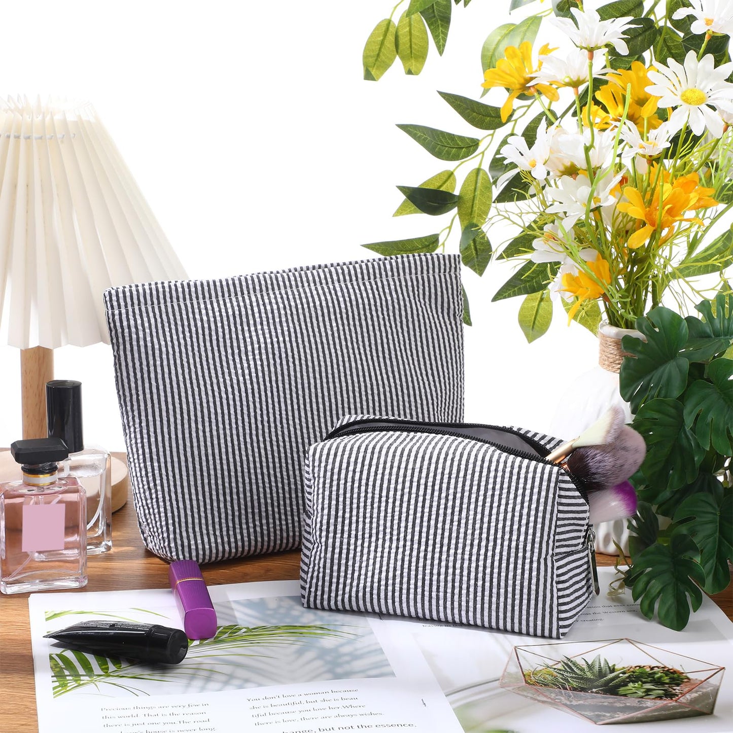 Huhumy 2 Pcs Makeup Bag Set for Women, Black, Thin Striped Seersucker