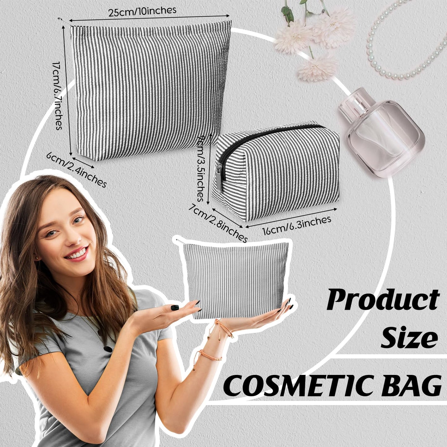 Huhumy 2 Pcs Makeup Bag Set for Women, Black, Thin Striped Seersucker