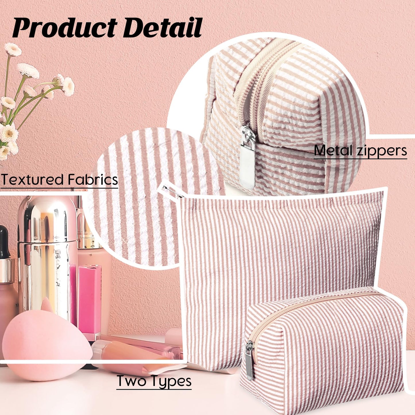 Huhumy 2 Pcs Makeup Bag Set for Women, Khaki, Thin Striped Seersucker