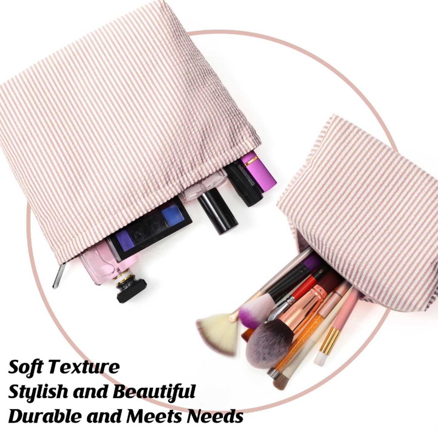 Huhumy 2 Pcs Makeup Bag Set for Women, Khaki, Thin Striped Seersucker