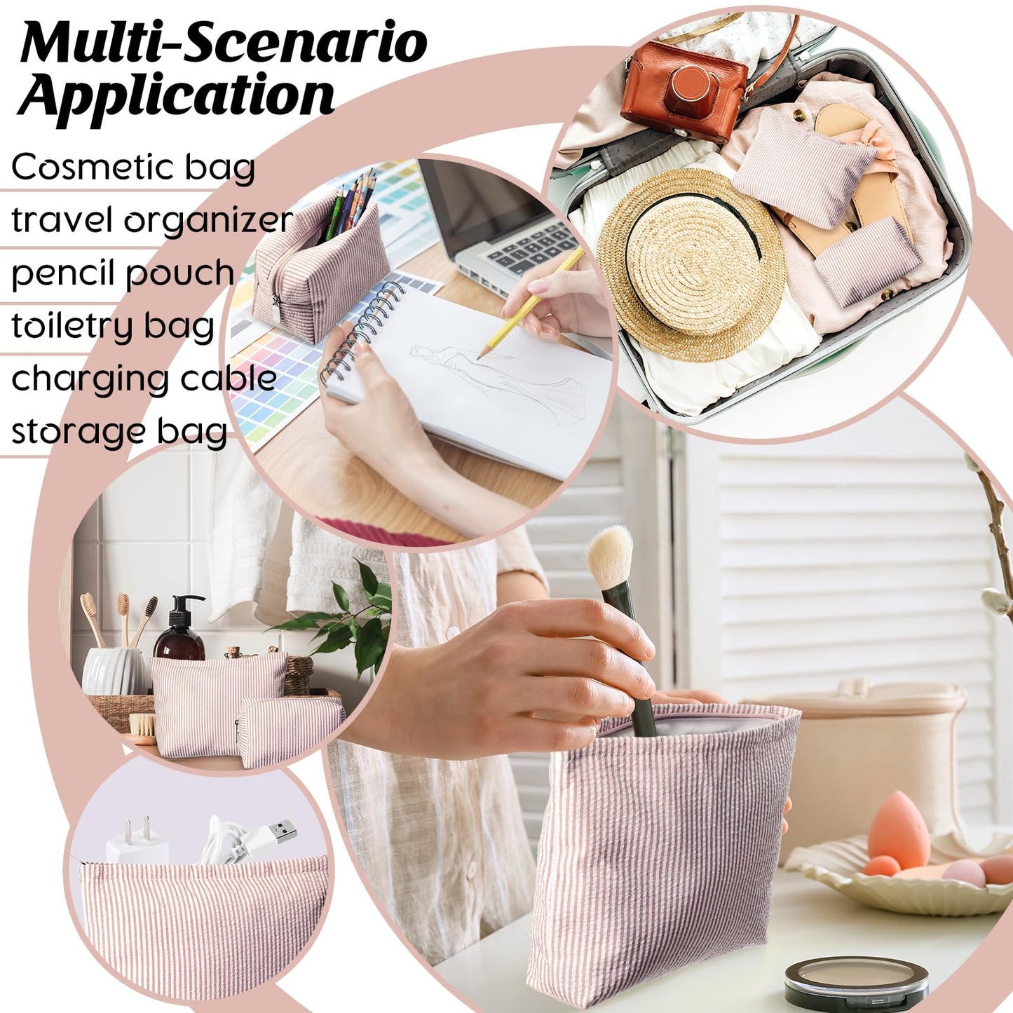 Huhumy 2 Pcs Makeup Bag Set for Women, Khaki, Thin Striped Seersucker
