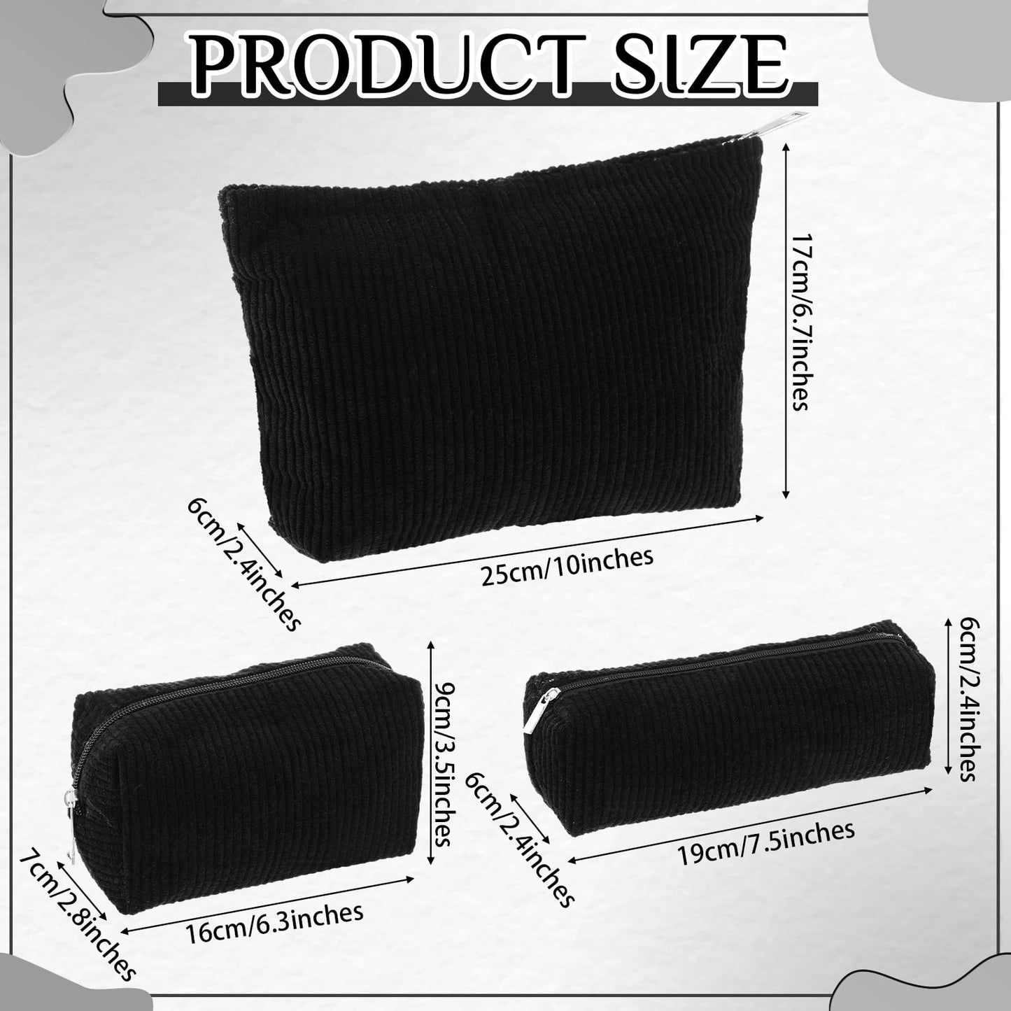 Huhumy 3 Pcs Corduroy Makeup Bag Set for Women Cute Pencil Case, Black,Solid Style