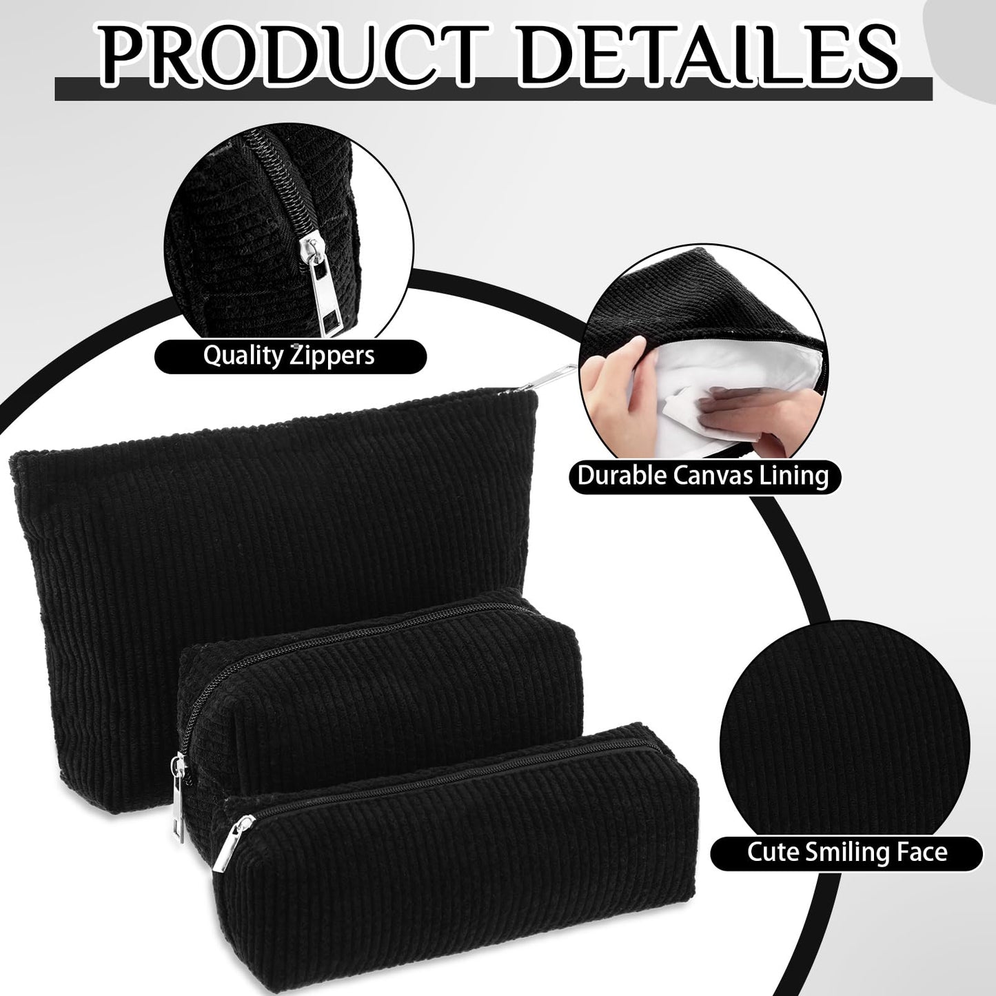 Huhumy 3 Pcs Corduroy Makeup Bag Set for Women Cute Pencil Case, Black,Solid Style